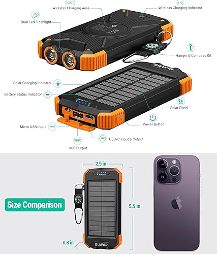 Miniatura 3 de Blavor - Paquete de batería externa solar, cargador inalámbrico Qi de 10,000mAh, entrada y salida tipo C, linterna doble superbrillante, brújula con