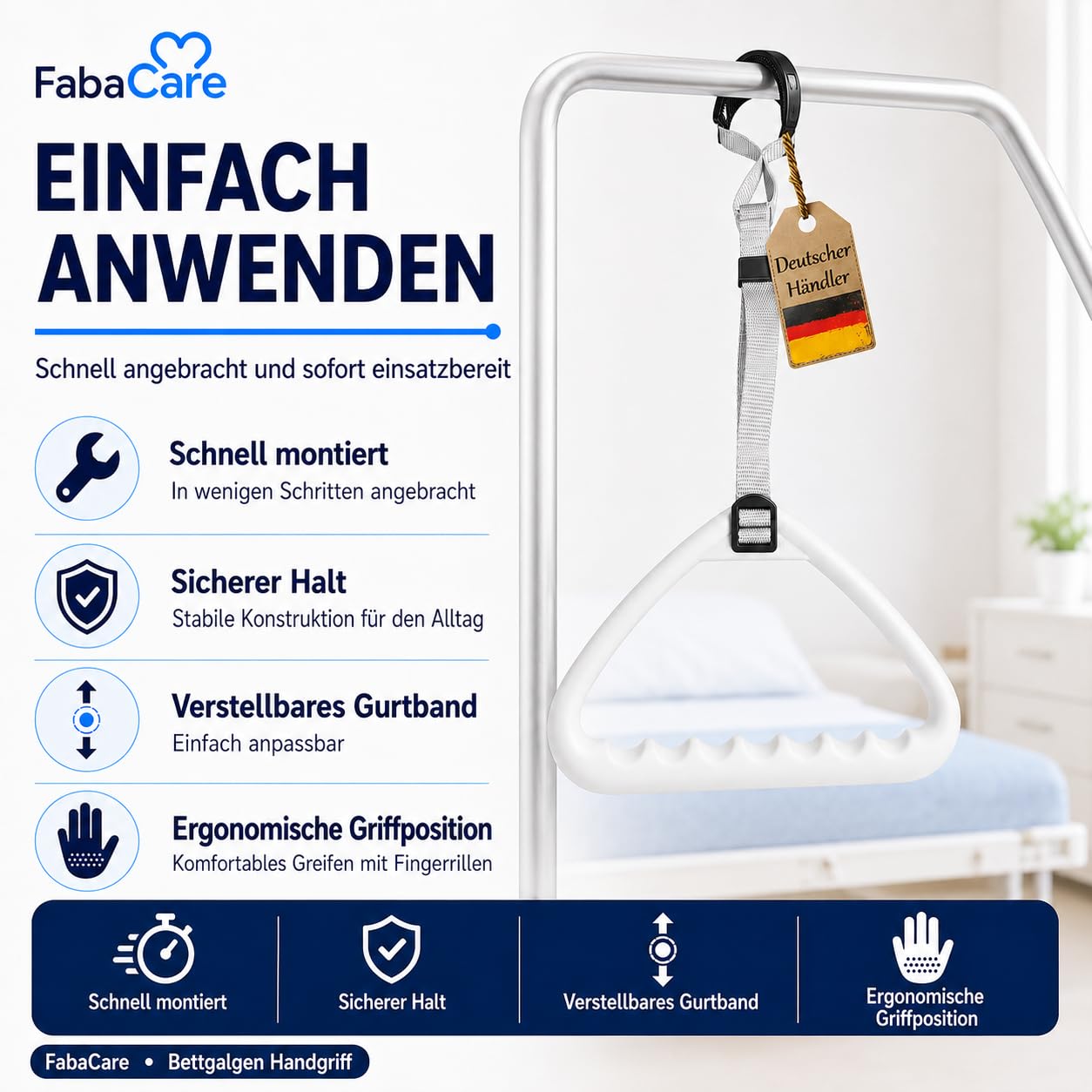 FabaCare Mango ergonómico, mango trapezoidal, tirador de cama, tirador de elevación, mango de goma, mango de barra, mango de viga, agarrador, ayuda de erección, mango cómodo, CLN-3201