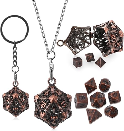 Syhood Juego de dados pequeños, 7 piezas de dados pequeños de metal hueco D20, collar, estuche de dados, llavero, juegos de mesa para juegos de rol,