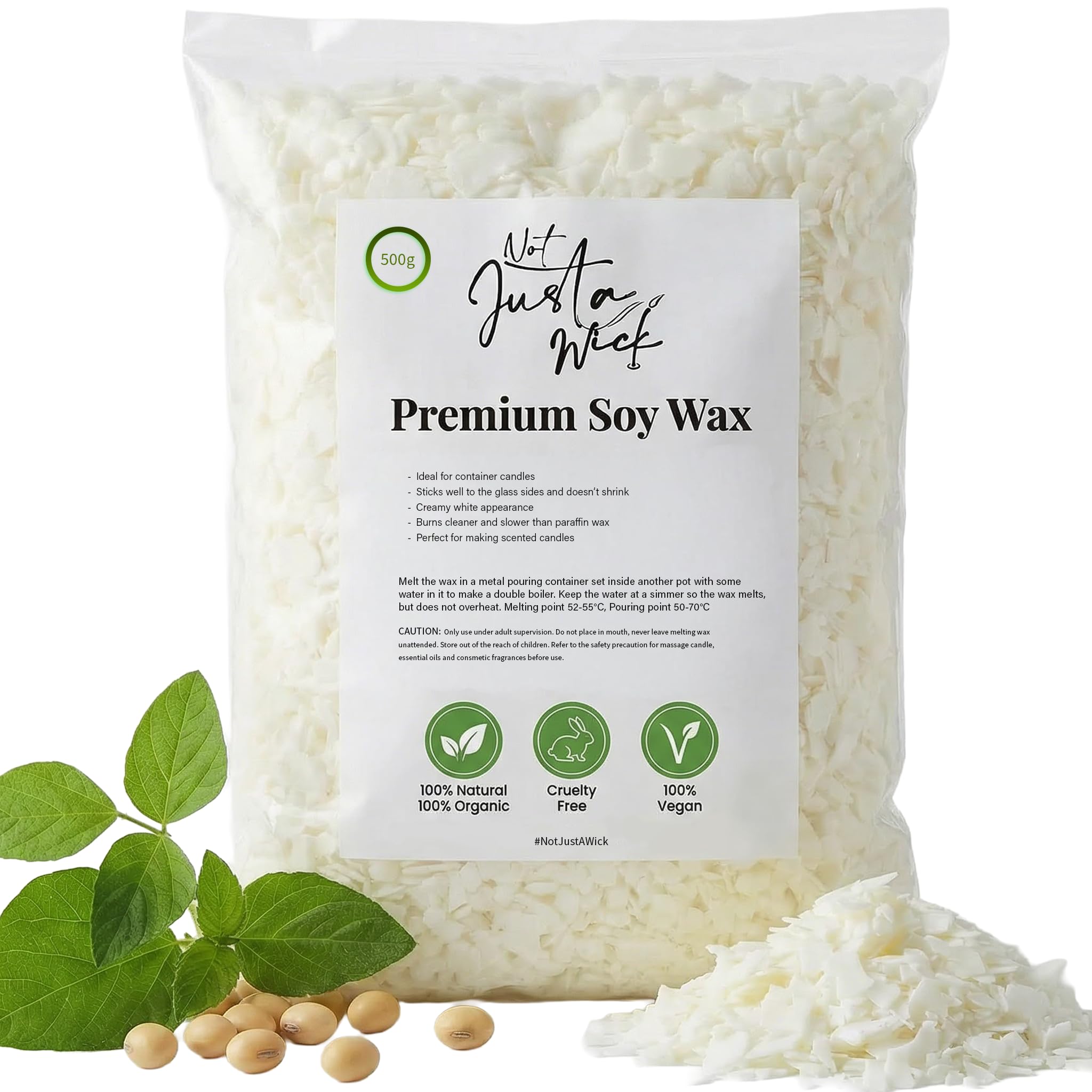 Soy Wax, NotJustAWick Premium Soy Container Wax Flakes for Candle Making, Wax Melts, 100% Pure Candle Wax, eco-Friendly Wax, Soy Wax for Candle Making, Candle Wax for Making Candles (500g)