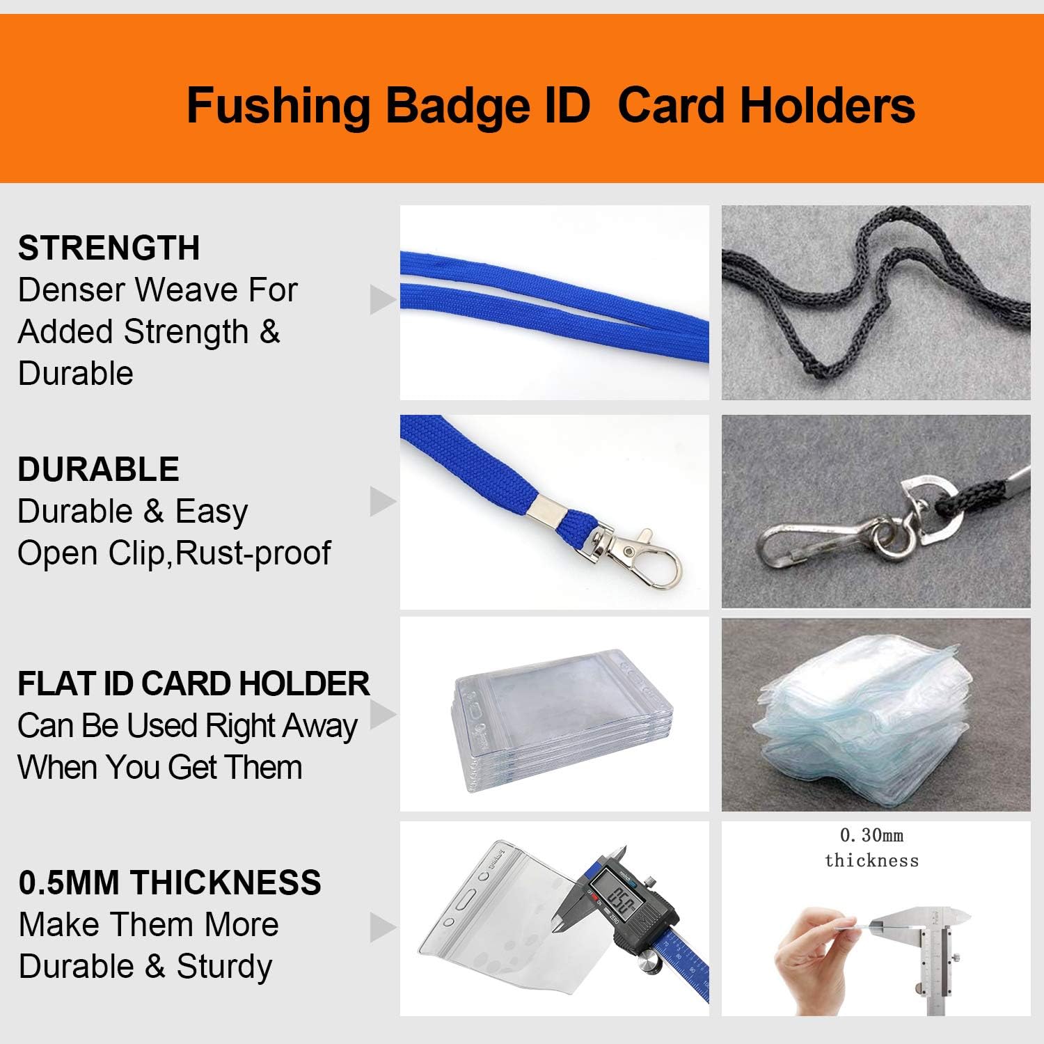 Fushing 50pcs Clear Plastic Vertical Name Tags Badge ID Card Holders and Blue Neck Lanyards with Swivel Hook for School, Festival, Event (L)