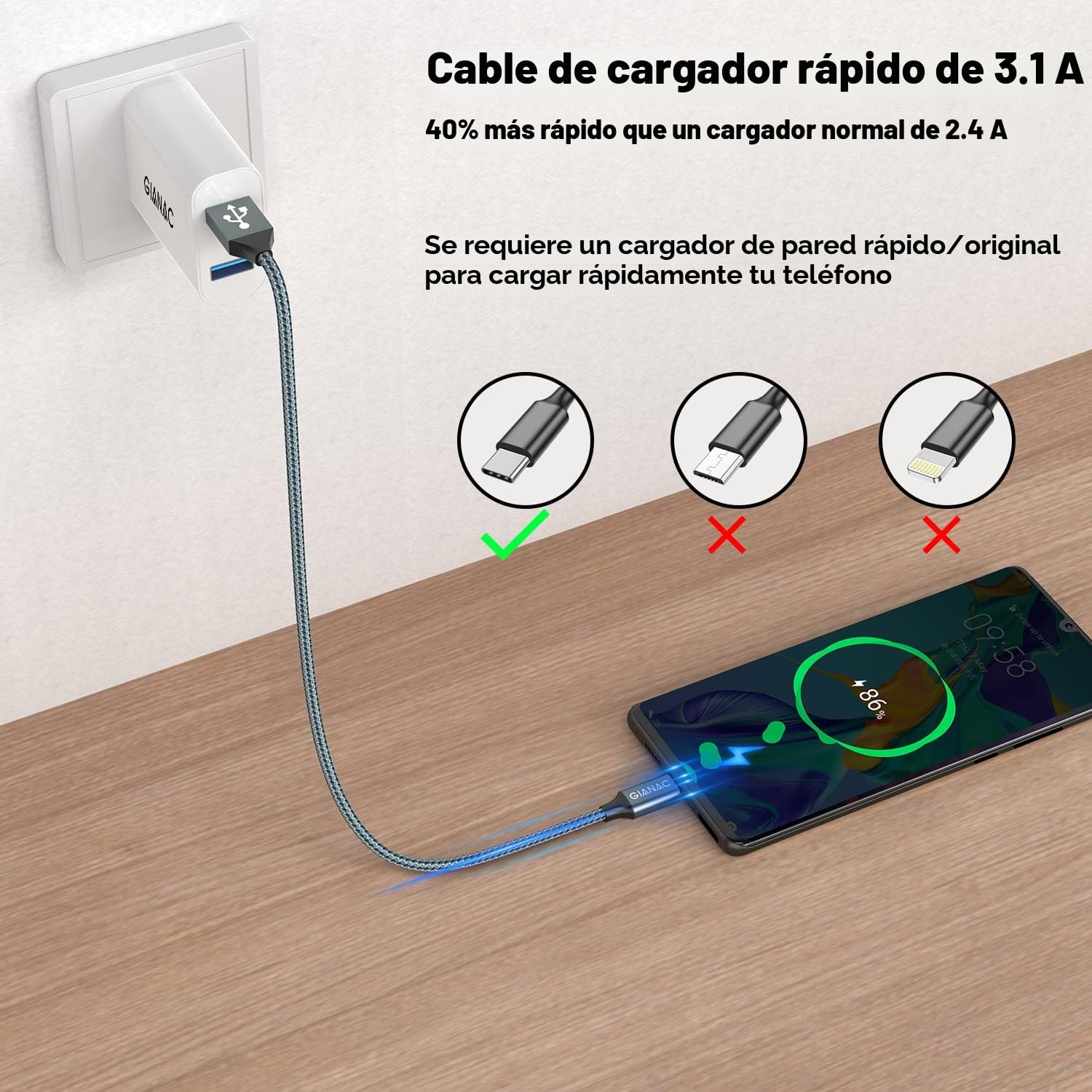 Cable USB Tipo C, [2Pack 3M] 3.1A Cargador Tipo C Nylon Trenzado Carga Rápida y Sincronización Cable USB C para Samsung S10/S9/S8/Note 10/Note 9, Huawei P30/P20/Mate 20,Xperia XZ