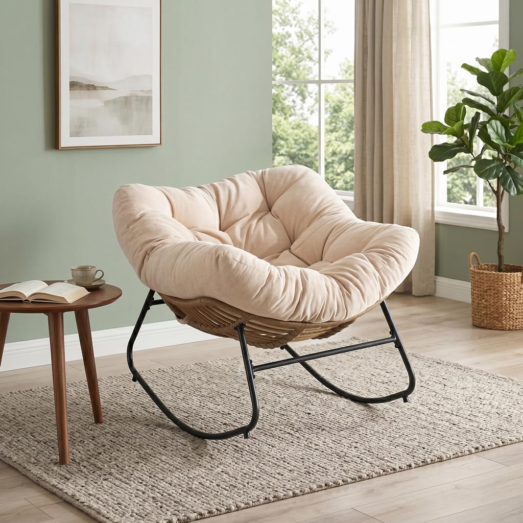 Fotel bujany, szenilowe, tapicerowane krzesło akcentujące, 90 x 107 x 83 cm, z wysokiej jakości wyściółką, nowoczesne krzesło bujane, ergonomiczne, do sypialni, salonu, mieszkania, beżowe