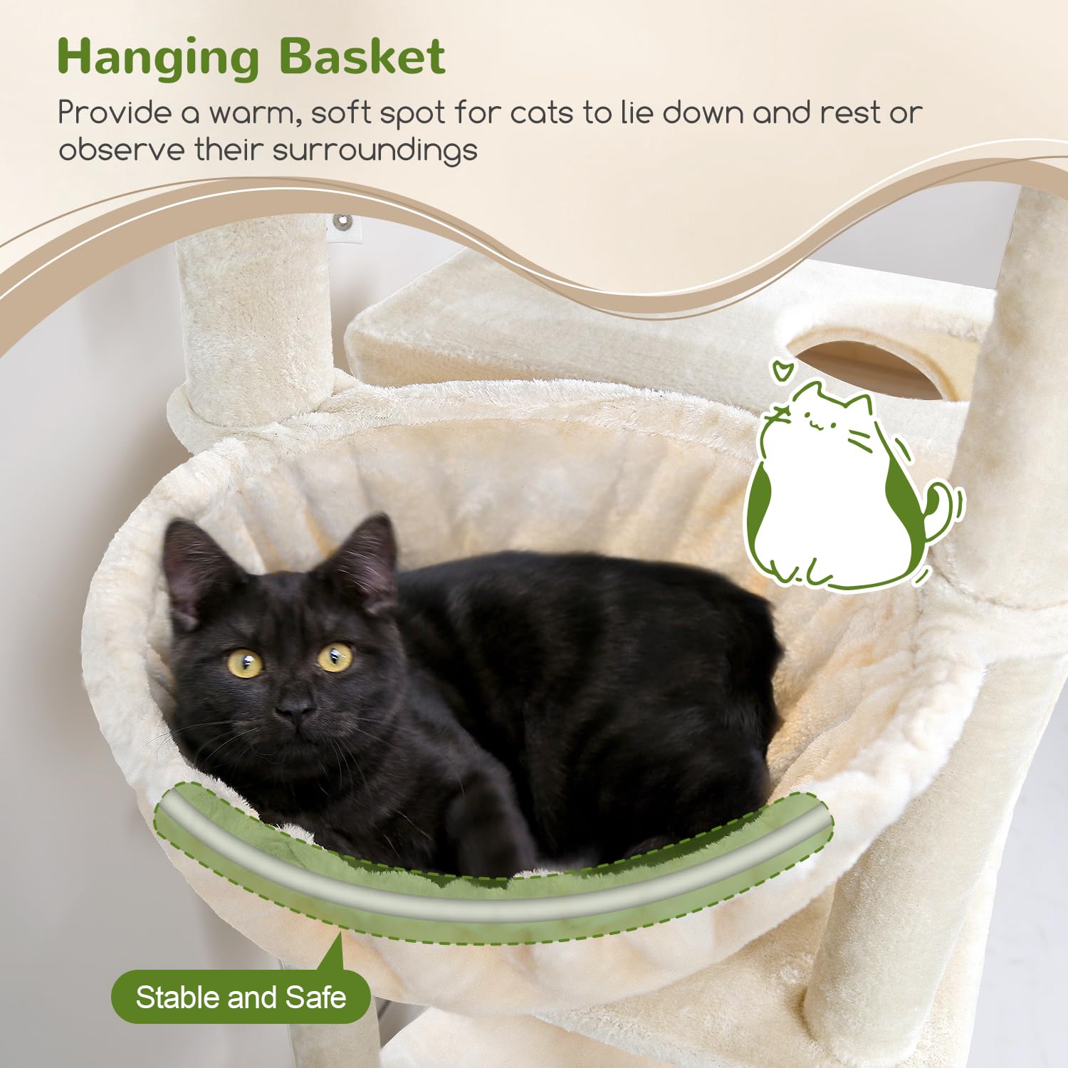 Globlazer Árbol Rascador Beige para Gatos XXL 195 cm Alto con 2 Nidos, 2 Acolchada Percha, Grande Hamaca 50 * 33CM, Cesta, Estable Rascador para Gatos Adultos Descansar Jugar Interior (F76, Beige)