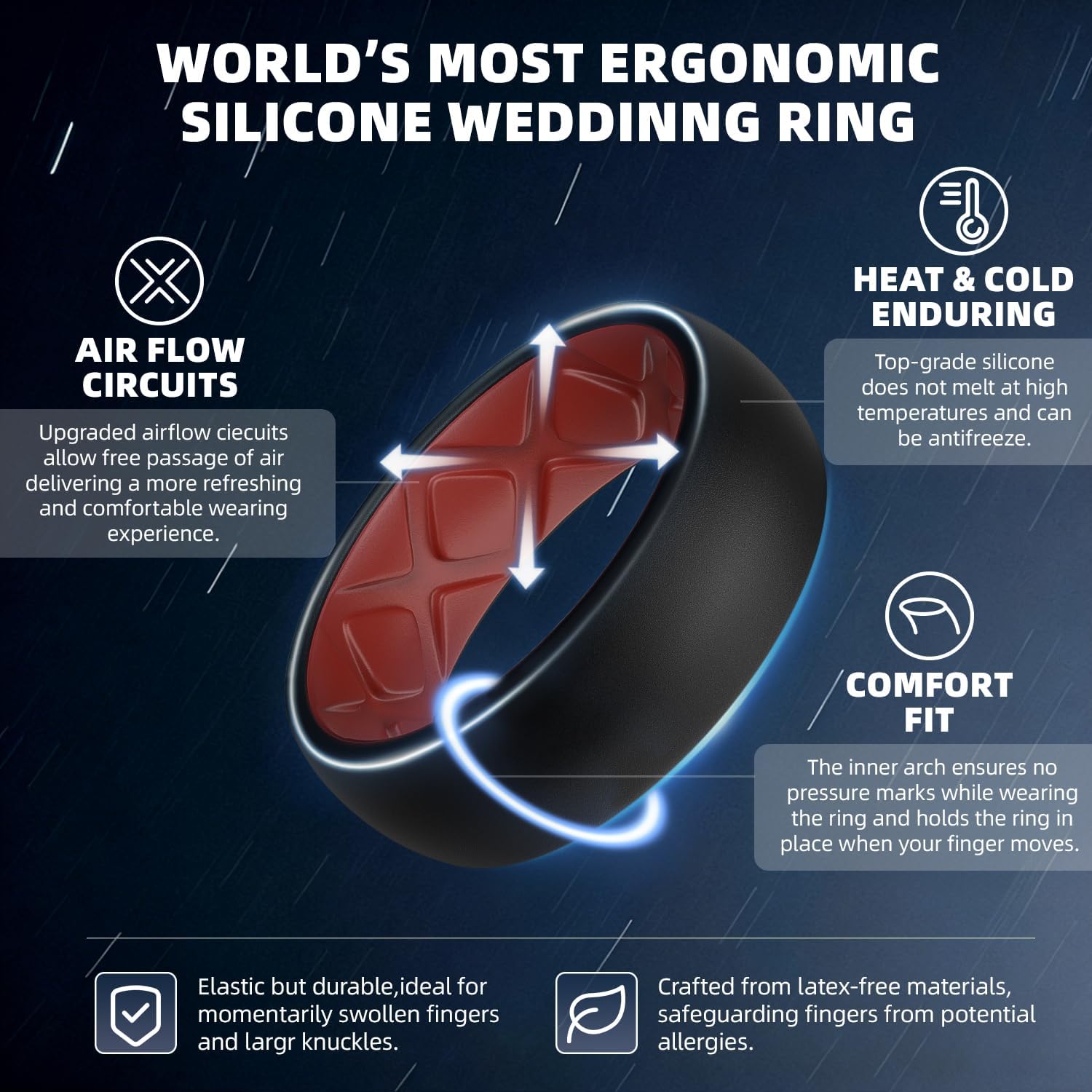 Egnaro Men's Silicone Rings 8mm Wide 2.5mm Thick Rubber Bands，Breathable Air Groove，Variety Multipack 1-7