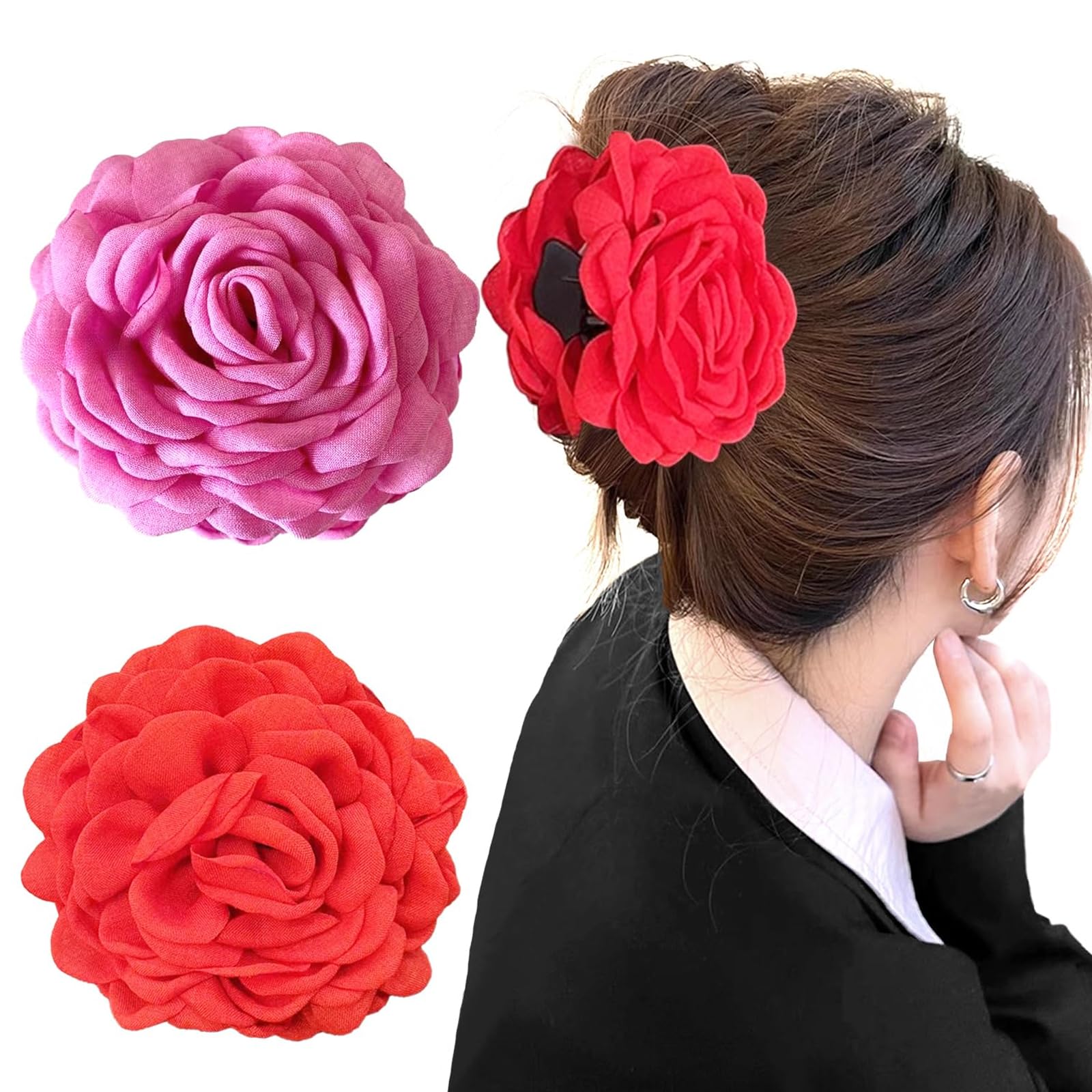 ASOMI 2 Pieces Large Hawaiian Rose Flower Hair Clips for Women Girls Thin Hair Claw Clips with Rose Flower Non-Slip Rose (Rosa Red, Red)