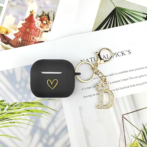 Miniatura 9 de AIIEKZ Funda compatible con AirPods 3 2021, funda de silicona suave con patrón de corazón dorado para AirPods de 3 generación con llavero de letra