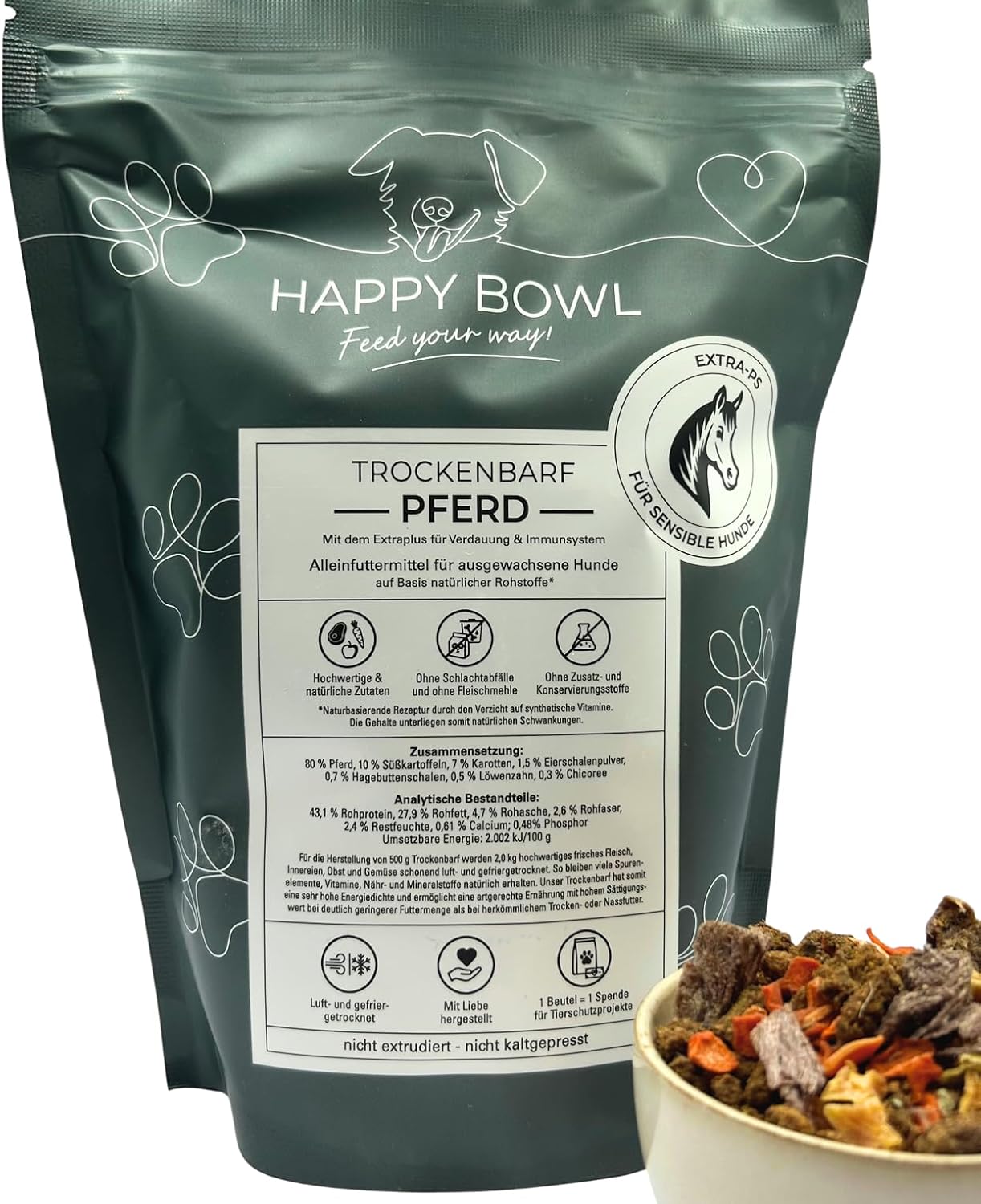 Happy Bowl Dry Barf Horse 500g Alleinfuttermittel für Hunde auf Basis natürlicher Zutaten, Trockenfutter, Nassfutter oder Barf-Ersatz (500g) Happy Bowl Dry Barf Horse 500g Alleinfuttermittel für Hunde auf Basis natürlicher Zutaten, Trockenfutter, Nassfutter oder Barf-Ersatz (500g)