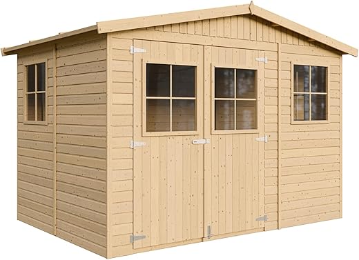 TIMBELA M334 Gartenhaus Holz mit Fenstern – Geräteschuppen Holz H226x318x220 cm/6 m² – Gerätehaus Gartenhütte Fahrradgarage Holz