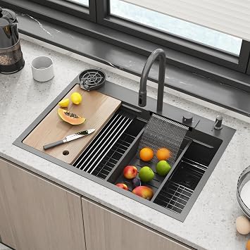 TOTTE 33" x 22" Black Kitchen Sink Drop In, Commercial Sink Double Kitchen Sink, Black Stainless Steel Kitchen Sink with Double Sink Kitchen Accessories, Sink Kitchen Workstation