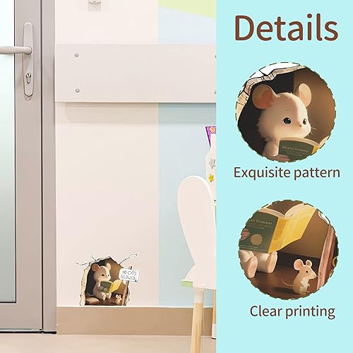 Miniatura 8 de Adhesivo de Pared 3D de Agujero de Ratón que Brilla en la Oscuridad, Adhesivo de Pared de Arte Divertido de Ratón Leyendo Libro, Despegable y