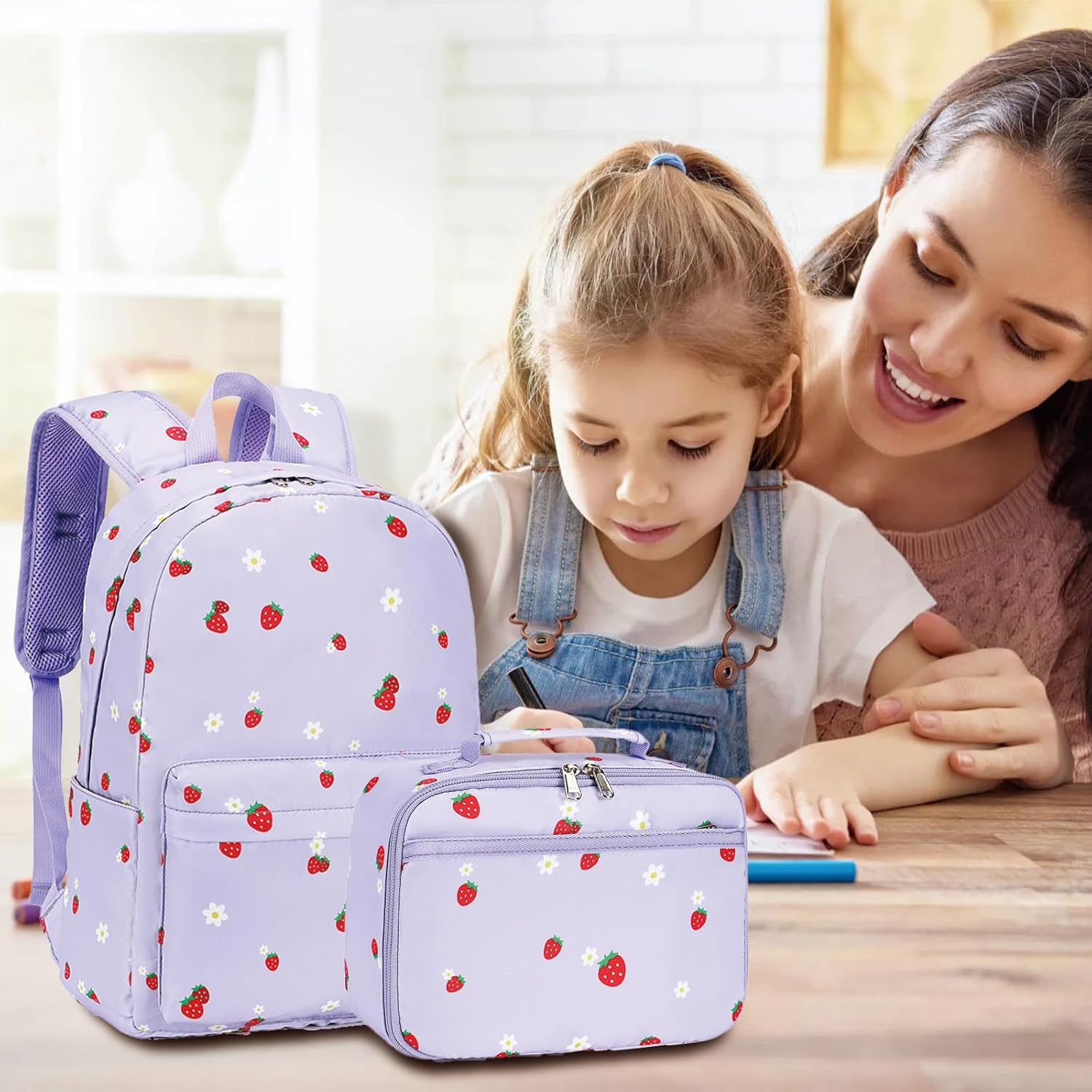 LEDAOU Kids School Backpack with Lunch Box for Girls Kindergarten Elementary BookBag School Bag Preschool Toddler Backpack(Purple Strawberry) - Image 5