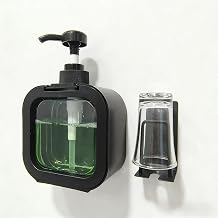 Mouthwash Dispenser for Bathroom, Wall Mount No Drill Bathroom Organiger, Refillable Plastic Pump Bottle with Reusable Cup, with Cup Holder Black
