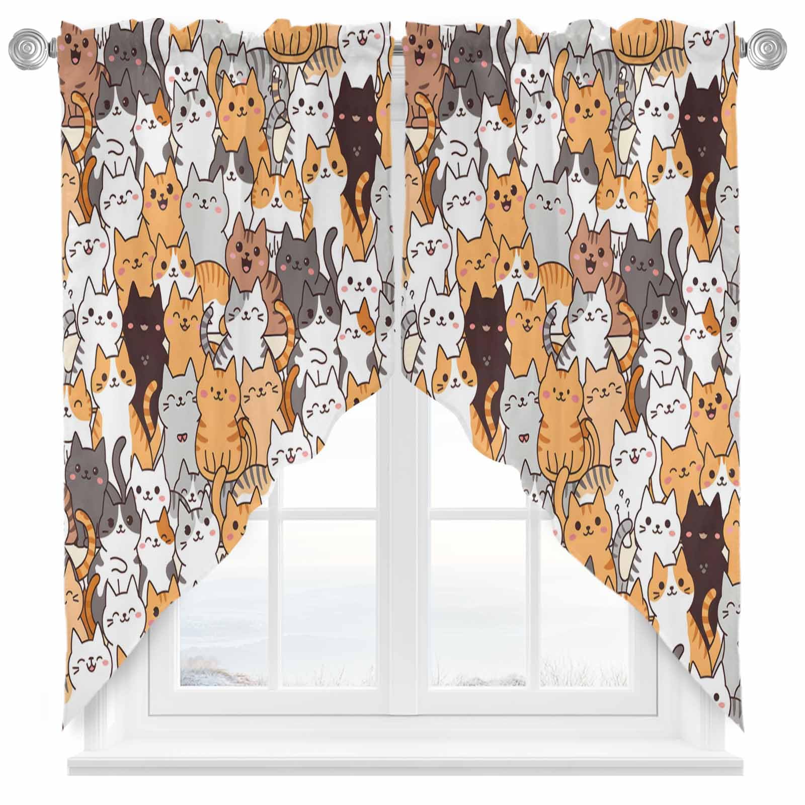 CosyBright Animal Kitchen Curtains Cartoon Blush Cats Window Valance Set,Rod Pocket Curtains Swag for Bedroom Living Room,Swag Valances 36