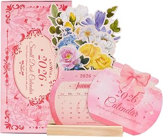 Floral Desk Calendar 2026, Cute Monthly Calendars with Wood Base, Run January 2026 to June 2027, Small Gift for Women,Friends,Wife,Coworker,Thanksgiving Day,Christmas 8.1" × 4.7"