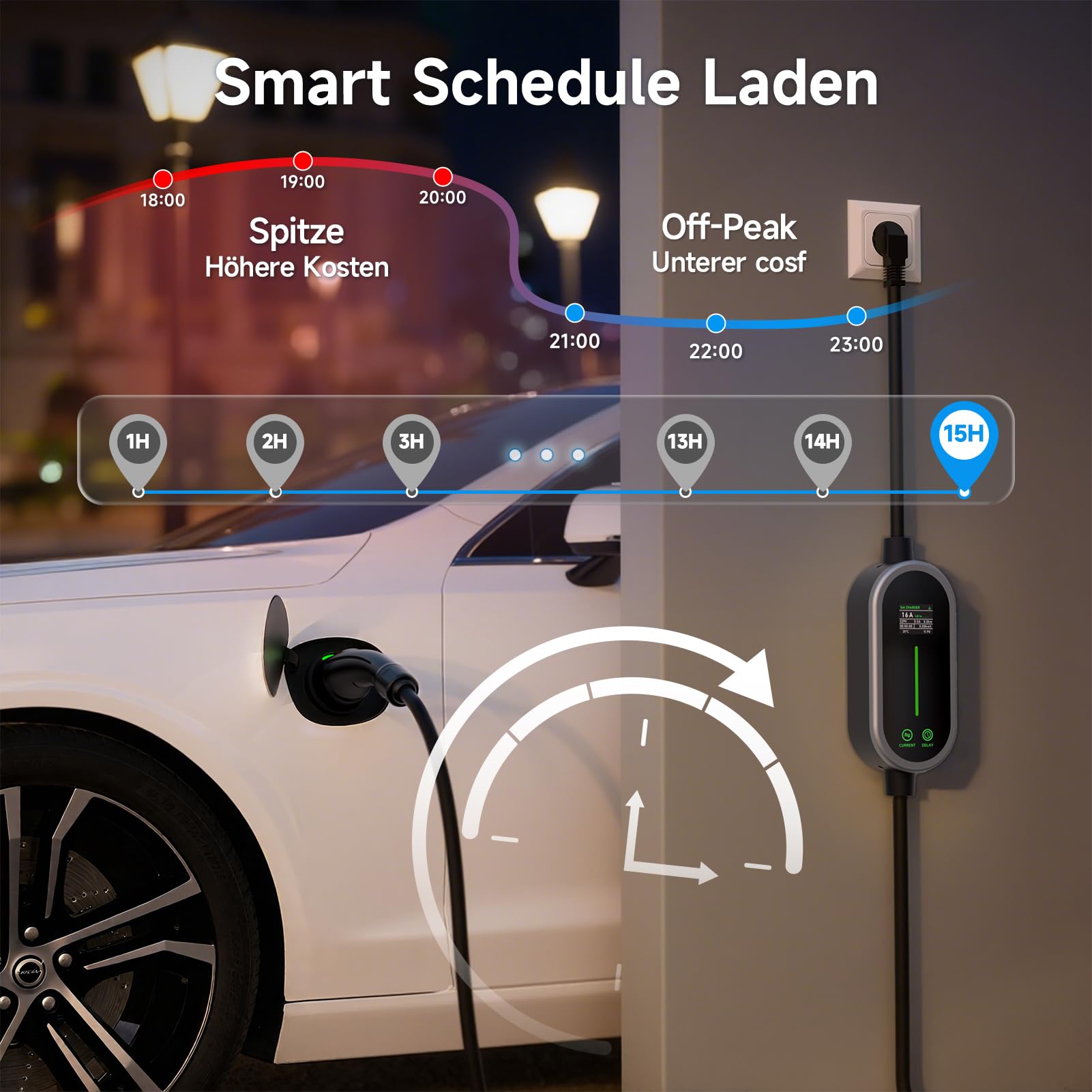 Typ 2 Ladekabel, 3,6kW Mobile Wallbox, 15M 6-16A EV Ladegerät Typ 2 Schuko, Tragbare Auto EV Charger Einstellbarer Strom & Verzögerungszeit, IP65 für EV PHEV IEC 62196-2
