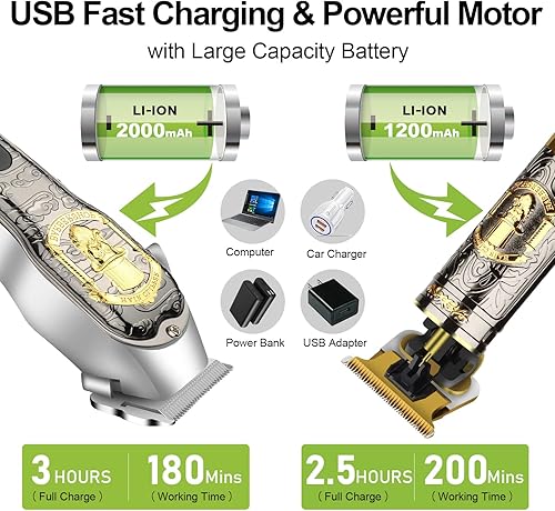 Miniatura 4 de HIENA PRO Juego de cortapelos para hombre recortadora de cuchillas en T profesional sin cables recargable con pantalla LED negro LCD