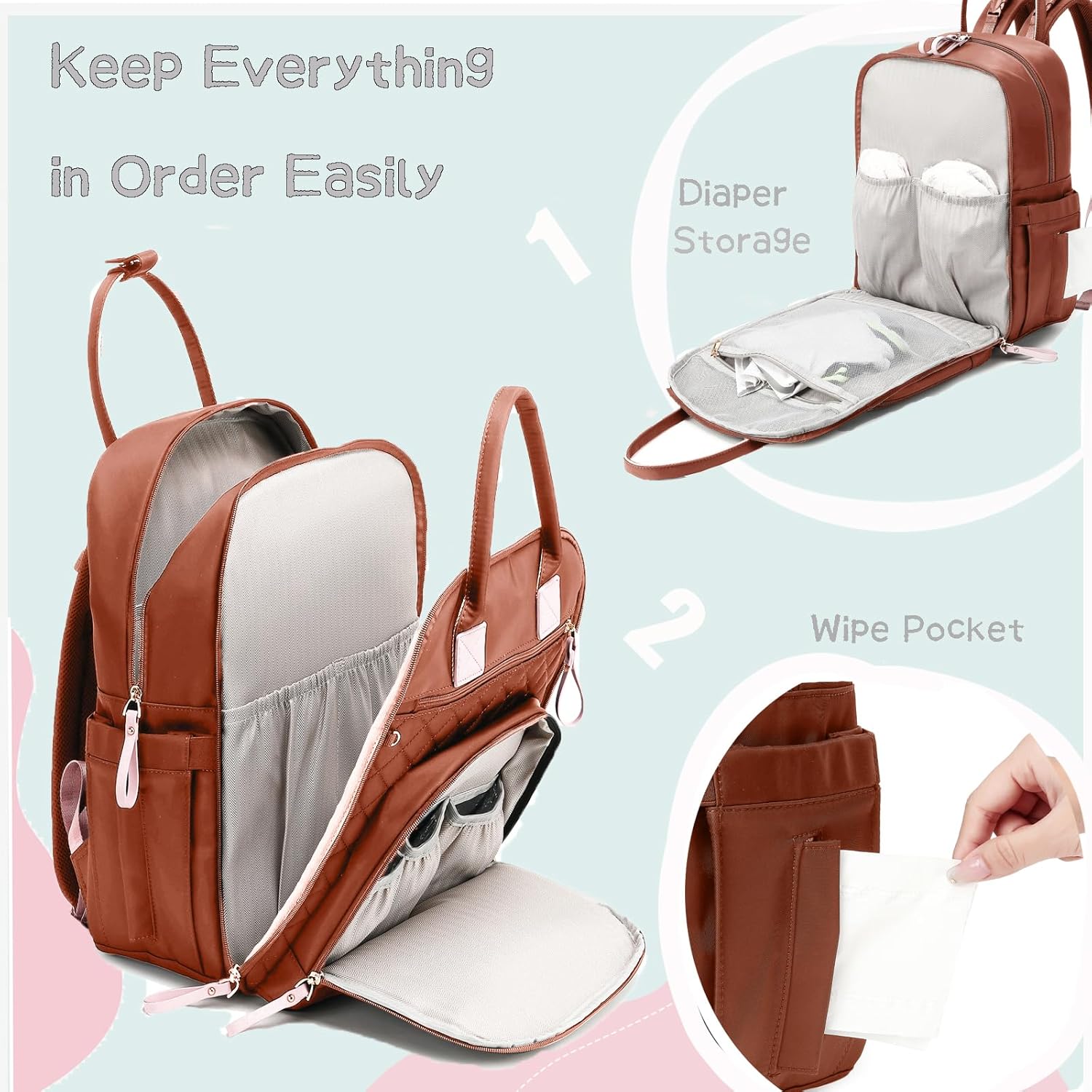 18 Pockets Large Diaper Bag Backpack with 4 Insulated Pockets and Stroller Clips, Baby Shower Essentials (Brown, Large)