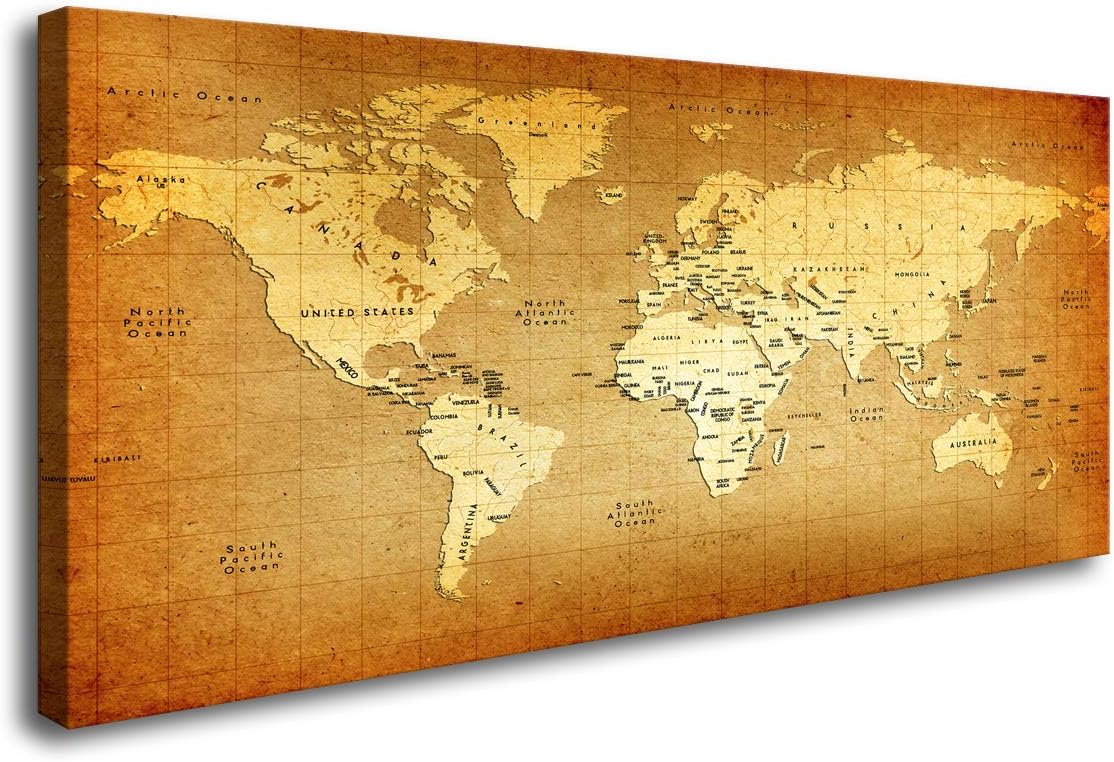 Baisuart-Posters & Prints Artwork Wall Art Detailed Old World Map Paintings Stretched and Framed Canvas Prints Picture for Home Decorations Office Wall Decor 20x40inch