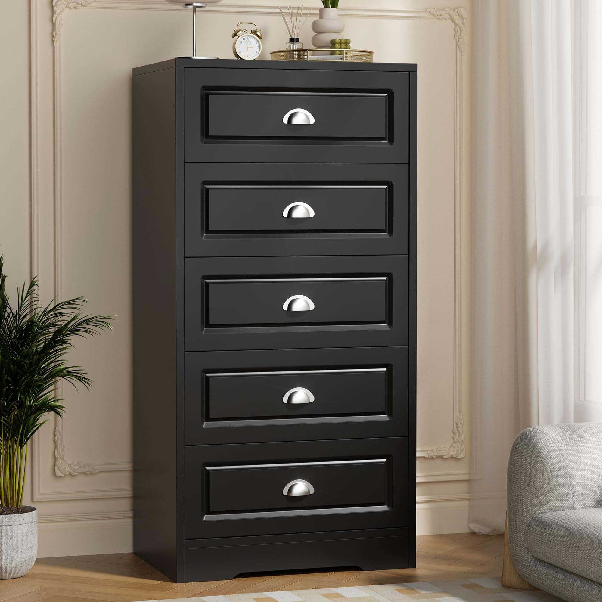 Amazon.com: Shintenchi Tall Dresser for Bedroom, 5 Drawer Narrow  Nightstand, Chest of Drawers Vertical Wooden Dresser with Metal Handle,  Living Room Storage Organizer, Black : Home & Kitchen