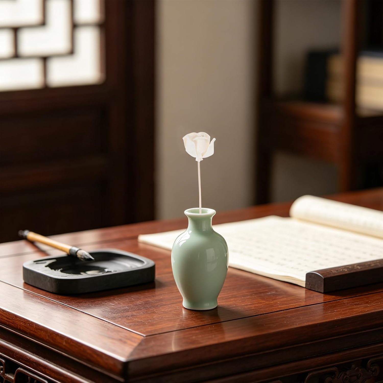 5pcs White Rose Petal Reed Diffuser Sticks, 8.7in Wood Aroma Rattan Floral Scent Refill for Daily Aromatherapy and Home or Office Shelves Decoration