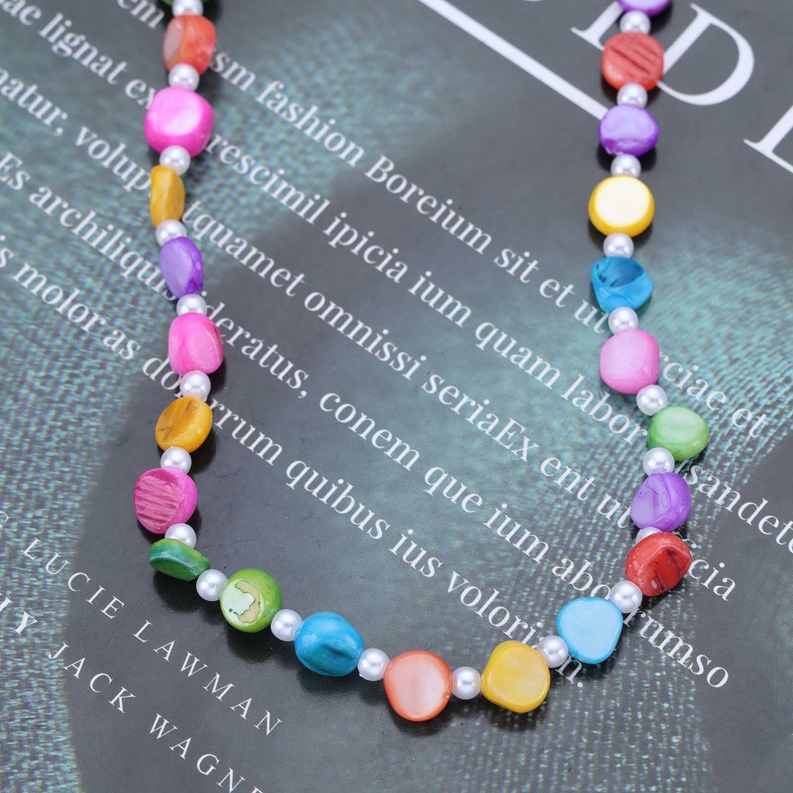 Wendalern Boho Resin Beaded Choker Necklace Rainbow Seed Beads Necklace Small Pearl Chain Gold Necklace Vintage Irregular Beads Pearl Necklace Chain Hawaii Beach Surfer Necklace Jewelry for Women - Image 4