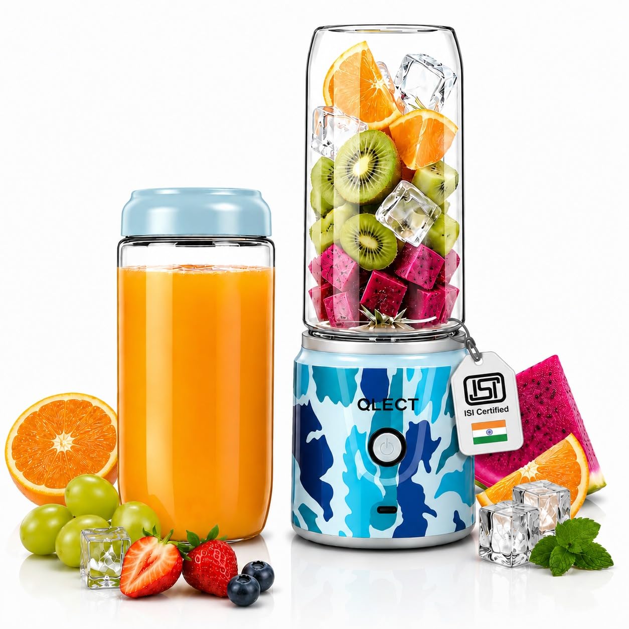 qlect portable blender for smoothies & shakes, 2400mah rechargeable personal juicer blender, 32 stainless steel blades, 7.4v 70w usb-c, extra 420ml jar, isi certified, made in india(blue camouflage)