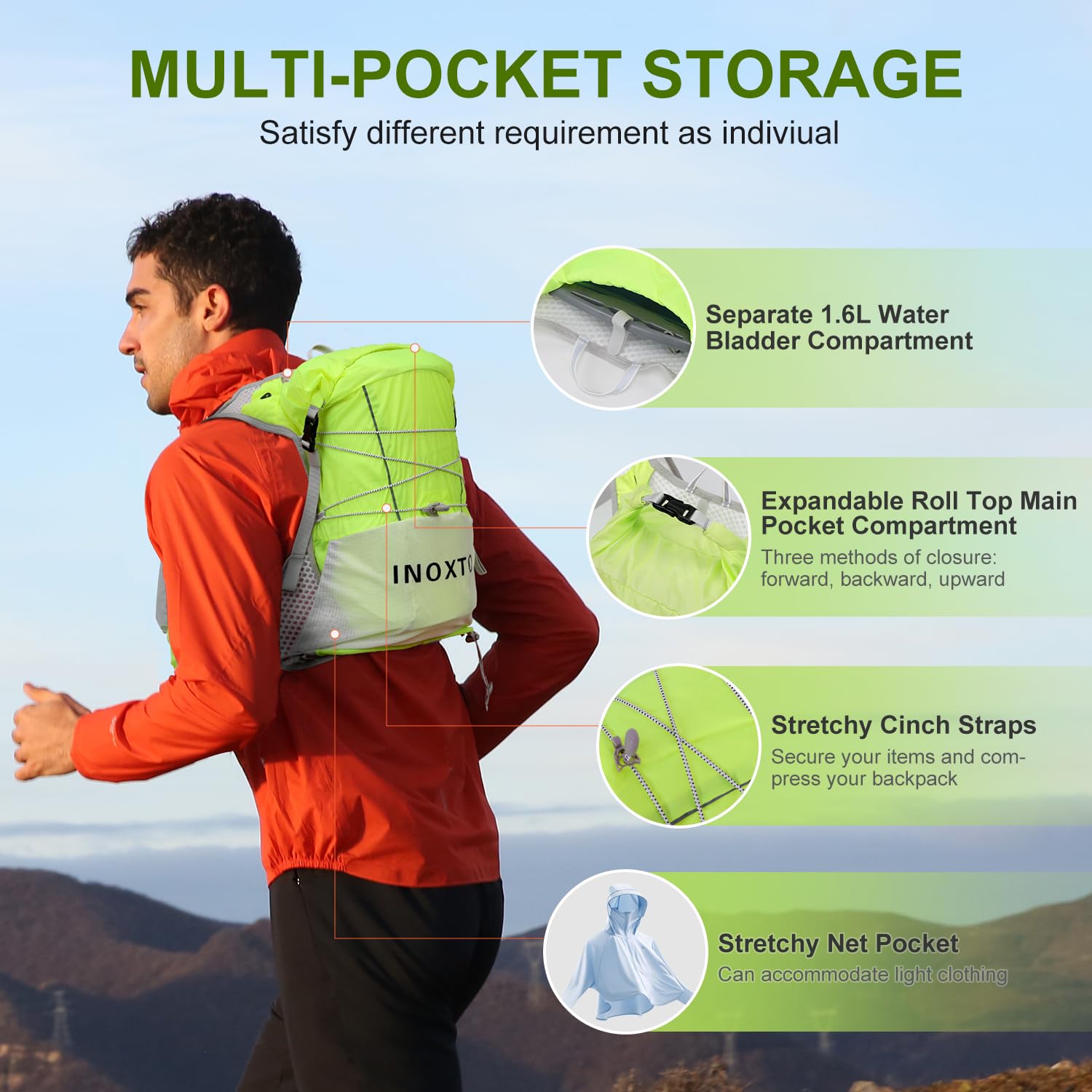 IX INOXTO Trinkweste, Rucksack, leichter Wasserrucksack mit 1,6 l Wasserblase, Tagesrucksack für Damen und Herren, verstellbare Laufweste, für Trailrunning, Wandern, Radfahren, Rennen, Marathon