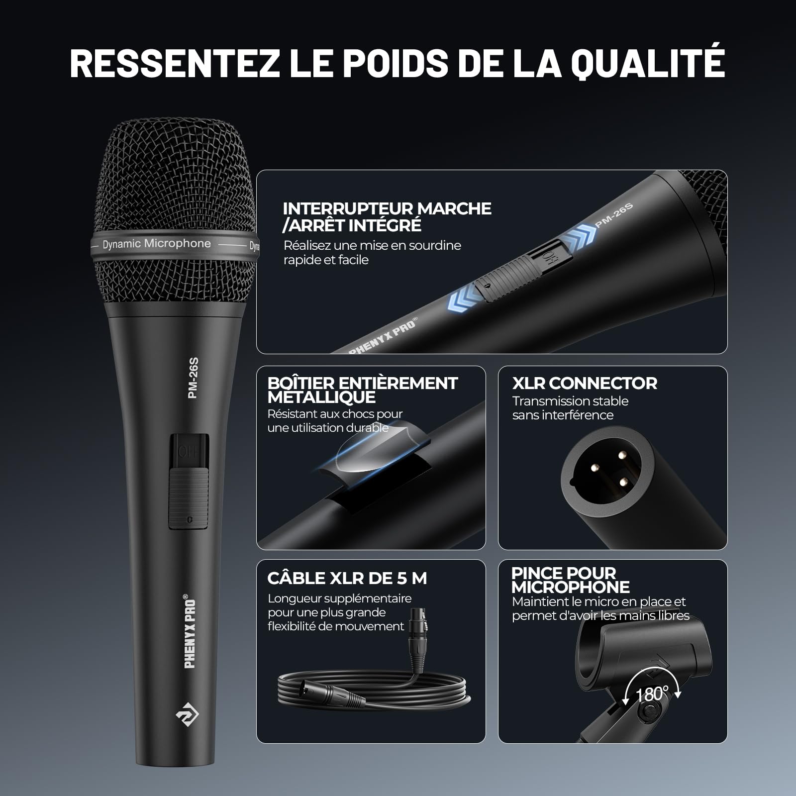 Microphone Vocal Dynamique supercardioïde Phenyx Pro PM-26S avec câble XLR de 5 m, Pince pour Micro et Pochette de Rangement, Micro Filaire à Main pour Chant, scène, Studio et karaoké