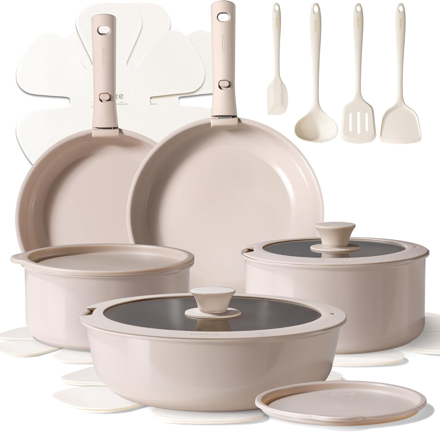 CAROTE Ceramic Cookware Sets, Pots and Pans Set Non Stick Non Toxic, Induction Cookware, Kitchen Cookware Sets, Pots Set for Healthy Coooking 15PCS, Taupe