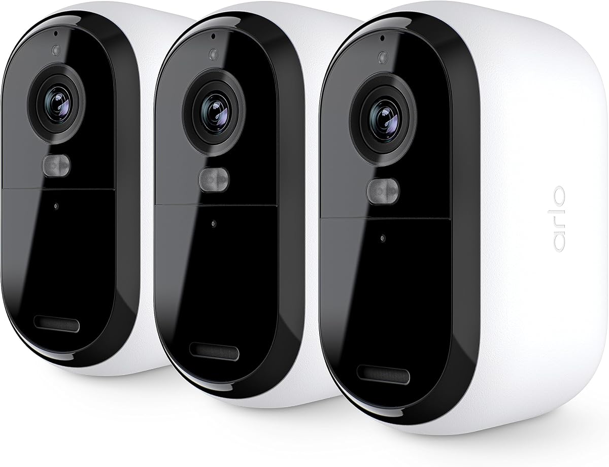Arlo Essential 2K Security Cam (2nd Gen) – Wireless, Indoor/Outdoor, 3-Cam Set, Color Night Vision, 2-Way Audio, Motion Alerts, Spotlight – White (Renewed)