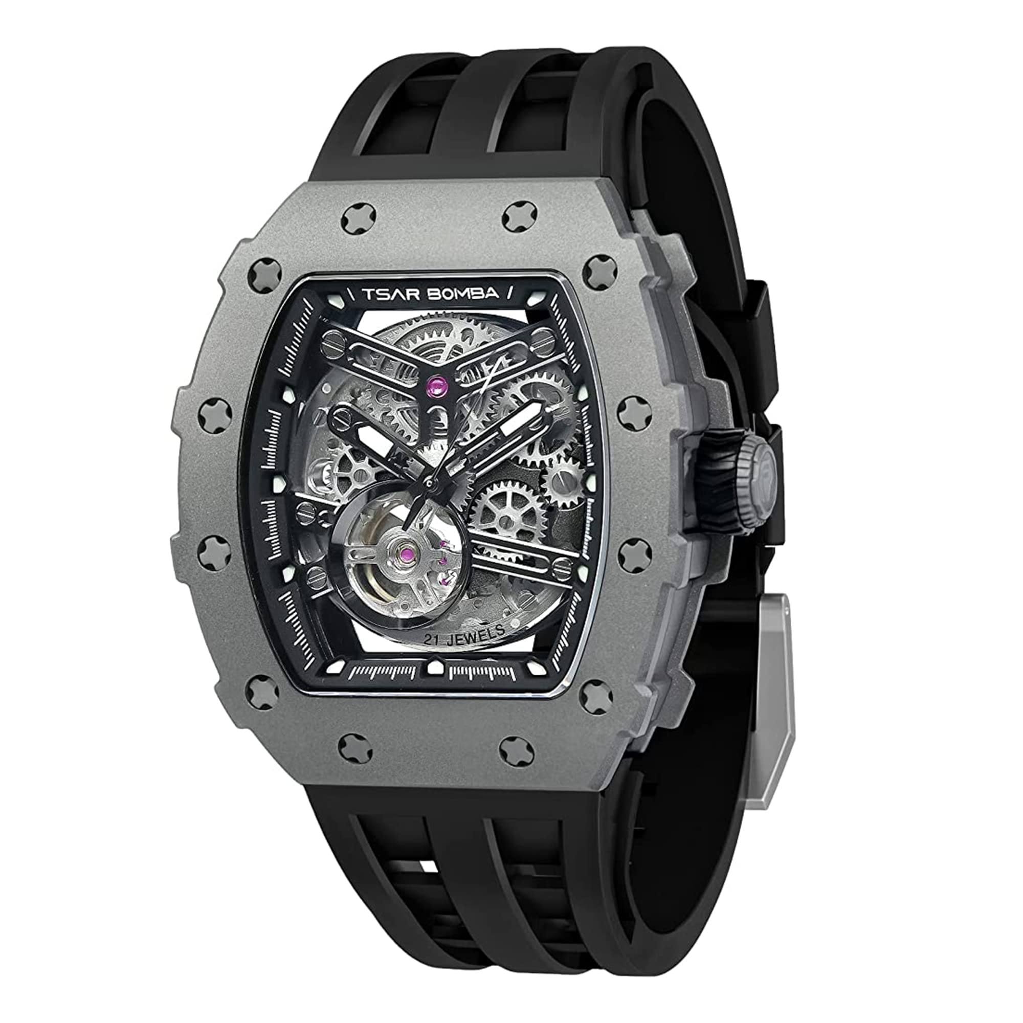 Men's Automatic Watch Tonneau Luxury Skeleton Watches for Men Mechanical 50M Waterproof Analogue Watches Mens Unique Cool Square Big Face Dial Wristwatch with Silicone Strap Band