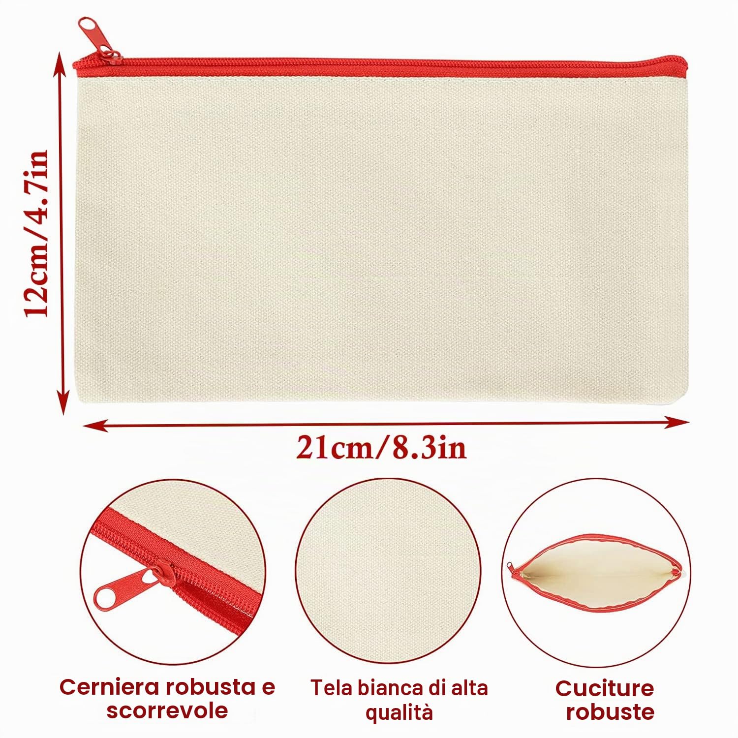 SENENQU 30 Pezzi Pochette Personalizzata in Tela, Astuccio Personalizzato 12 x 21 cm, Pochette da Personalizzare con Tela Beige Naturale e Zip Colorate, per DIY, Viaggi e Ordine Creativo