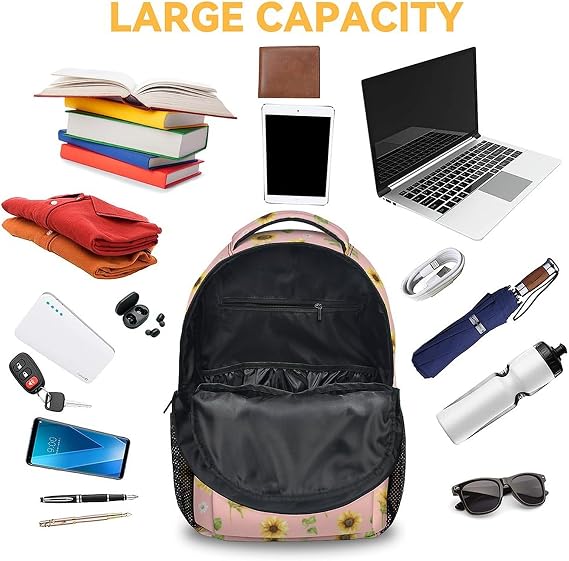 Sunflower Backpacks for Girls & Women, Large Capacity Backpack for School, Cute Pink Lightweight Bookbag for Kids