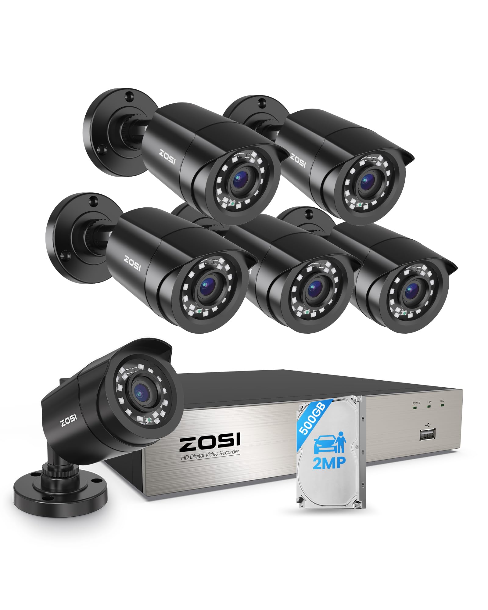 ZOSI 1080P Set Telecamera di Sorveglianza Esterna 8CH 500GB DVR e 6 Telecamere di Sicurezza Video Cablate 1080P per Esterni, Riconoscimento di Persone e Veicoli, Rilevamento di Movimento
