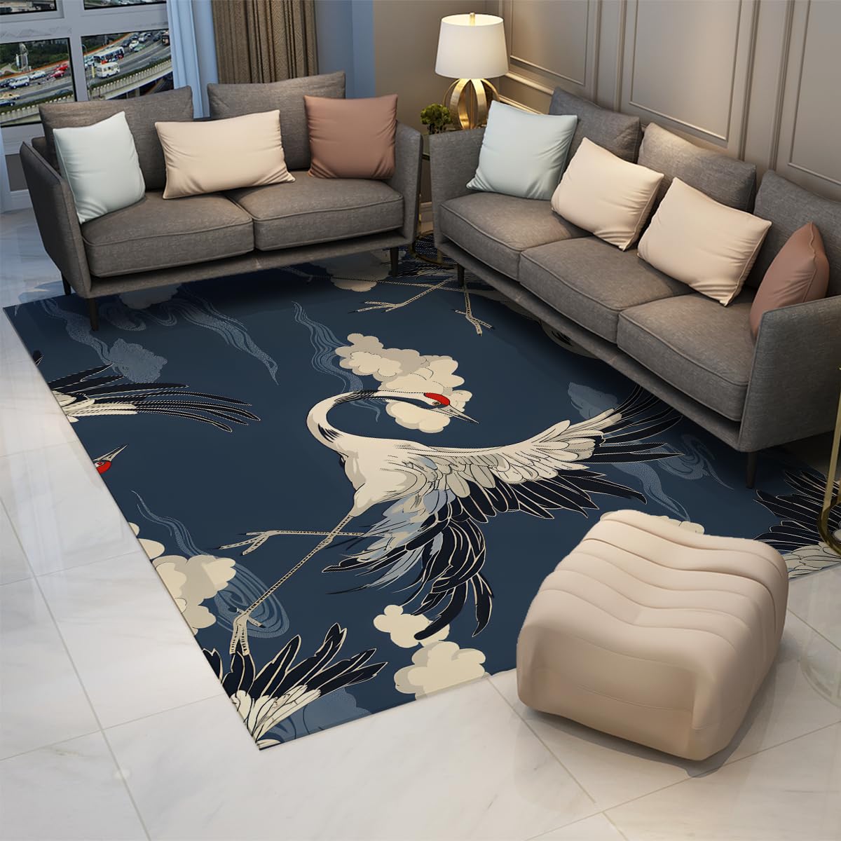 Japanische Crane Bird Waschteppiche Vintage orientalischer Teppich 160x200cm Marineblauer Wolkenteppich Großer Teppiche fürs Wohnzimmer weiche rutschfeste Vorleger Schlafzimmerteppich