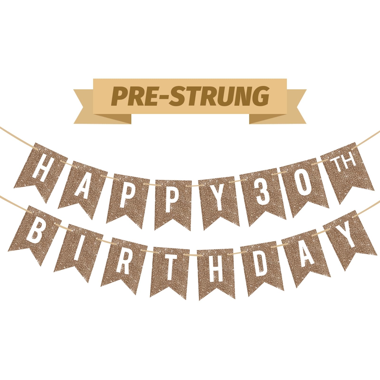 Pre-Strung Champagne Gold Glitter Happy 30th Birthday Banner Decorations, Age 30 Happy Birthday Bunting Sign for Backdrop, No Assembly Required Hanging Garland for Men and Women Party Decorations