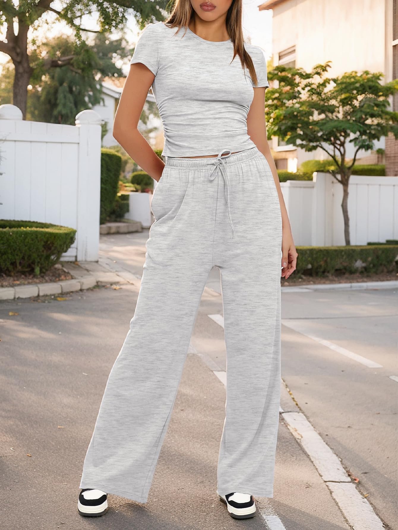 Women's 2 Piece Lounge Set Ruched Short Sleeve Tops High Waisted Wide Leg Pants — view 3