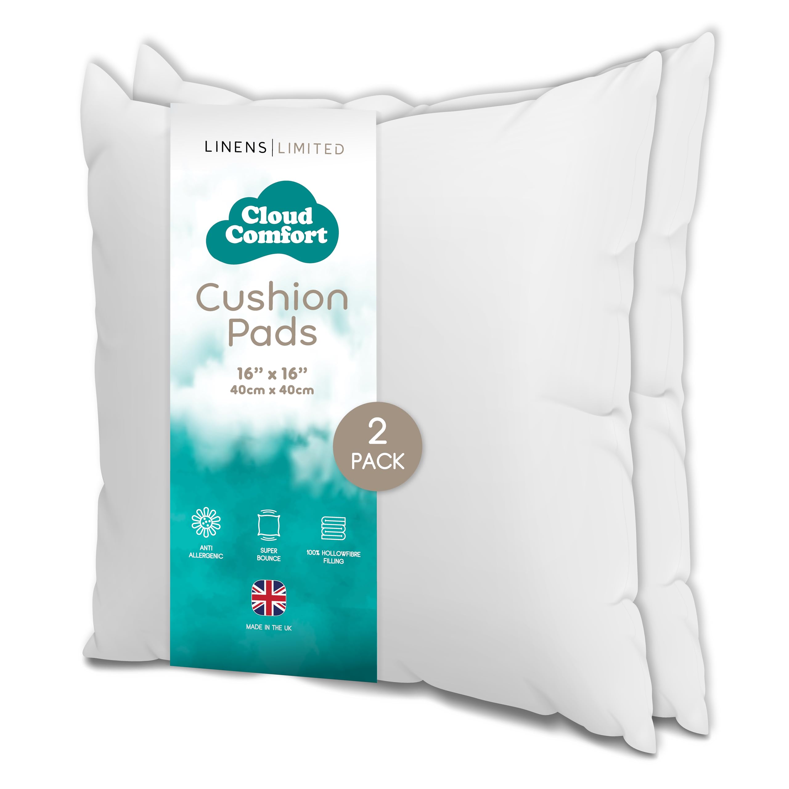 Linens Limited - Cushion Insert 40cm x 40cm, Made in the UK, Soft and Plump, Non-Allergenic Sofa Cushion Pad, Easy to Clean, Small Cushion Inner, Perfectly Fits Covers (White) (2 Pack)