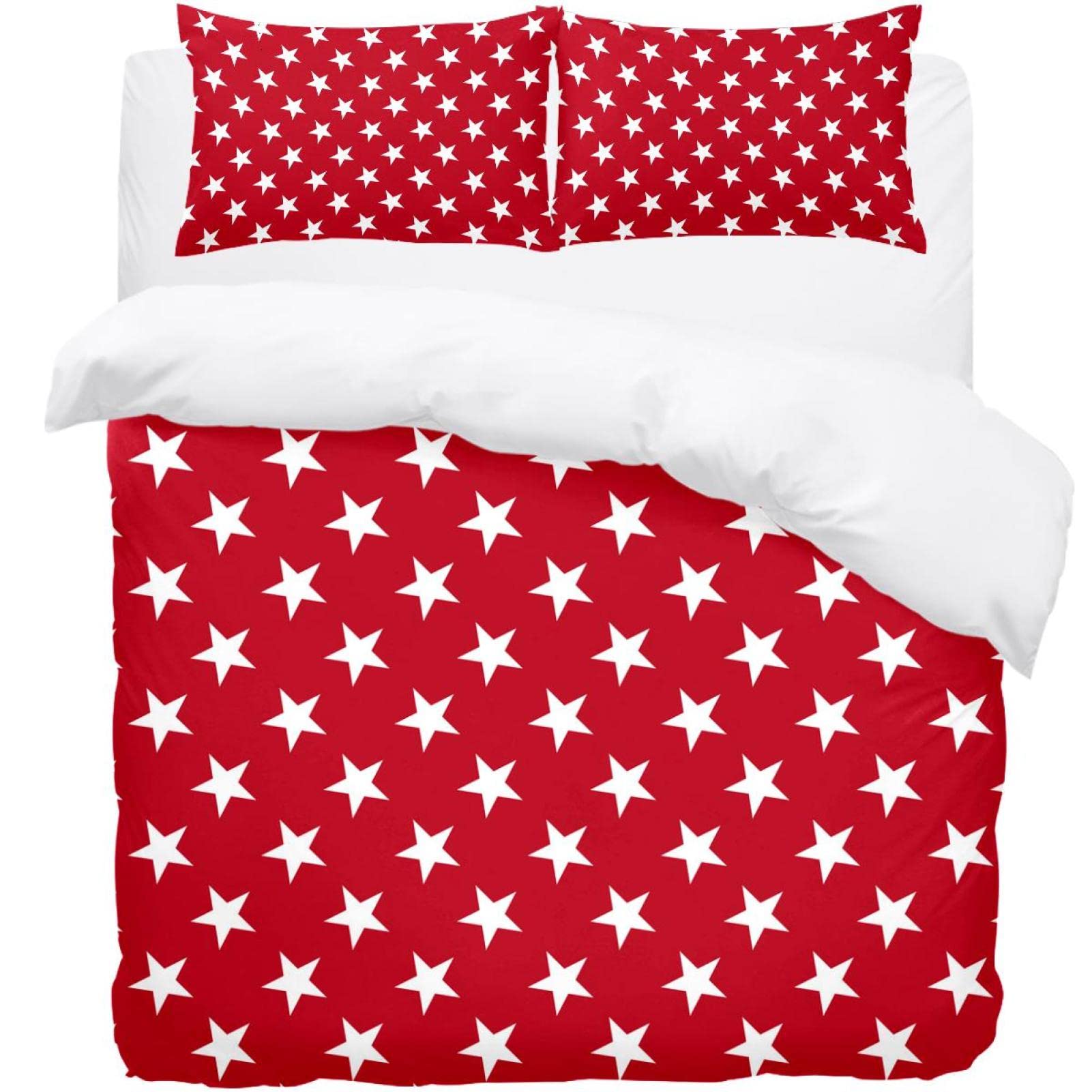 Housse de couette rouge motifs étoiles avec ses 2 taies d'oreiller pour lit simple 3 pièces
