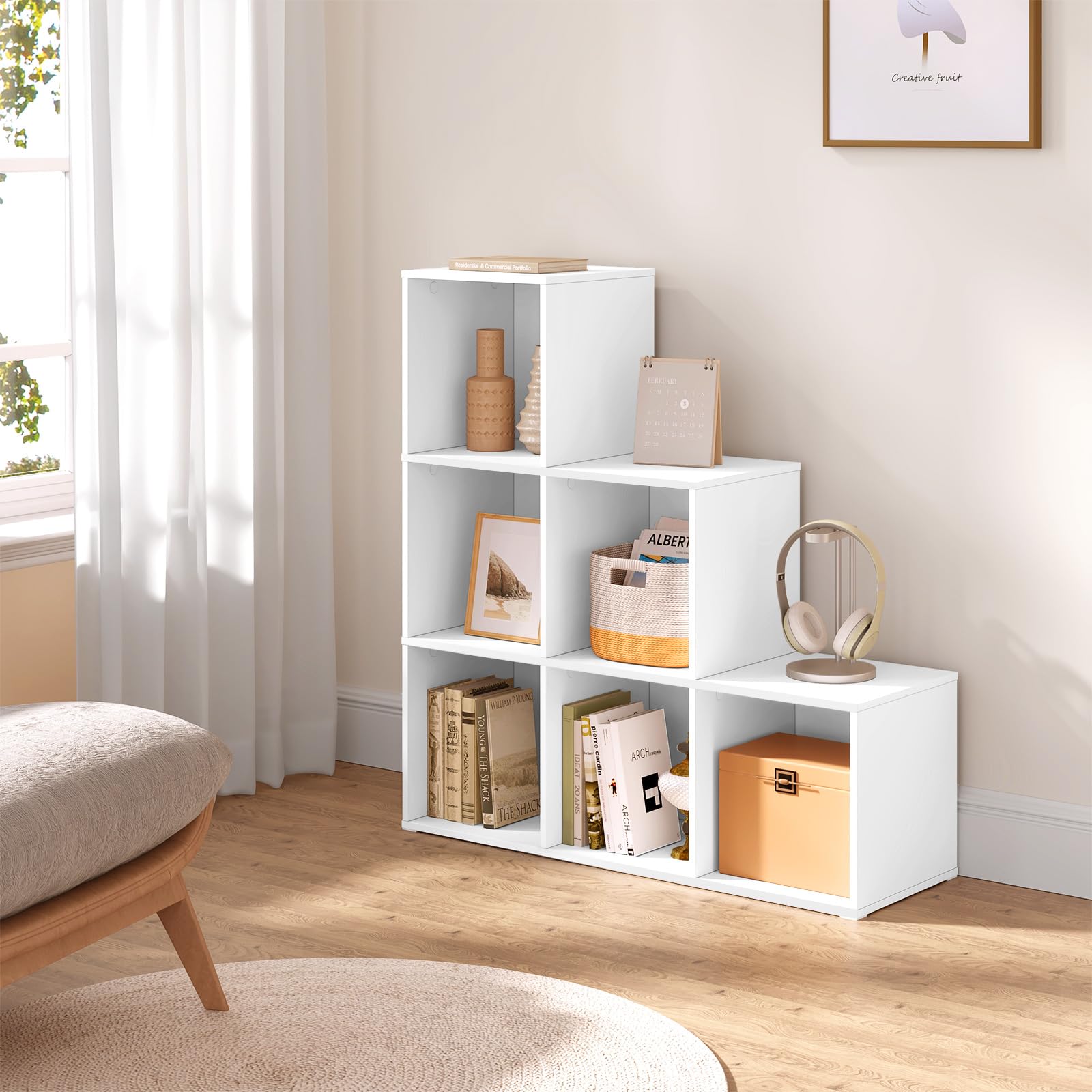 WOLTU Bibliothèque avec 6 Cubes, Étagère d'Escalier, Meuble de Rangement à Cubes, Étagère en Bois d'Ingénieriepour Salon, Chambre à Coucher, Bureau, 90x30x90cm, Blanc, SK061ws