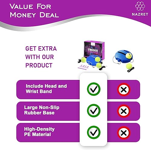 Miniatura 6 de NAZRET - Juego de entrenamiento de tenis rebotador, equipo de práctica de entrenador de tenis solo con diadema, pulseras, bolsa con cordón, 3 bolas,