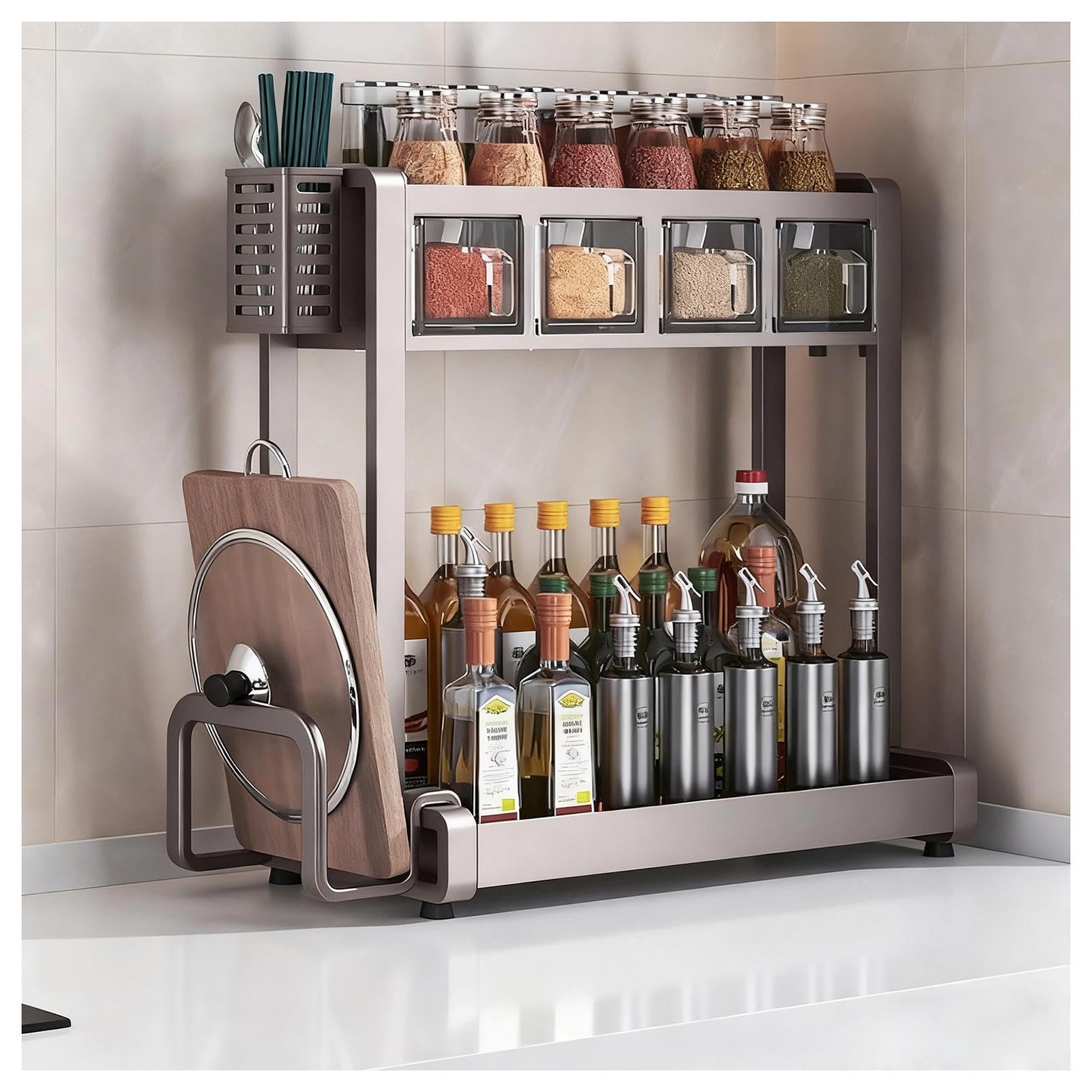 HADECOLL Metal Spice Rack For Kitchen, Organizer With Hooks And Utensil Holders, Storage For Sugar, Salt, Pepper And Oil Bottles,Grey-4 Boxes
