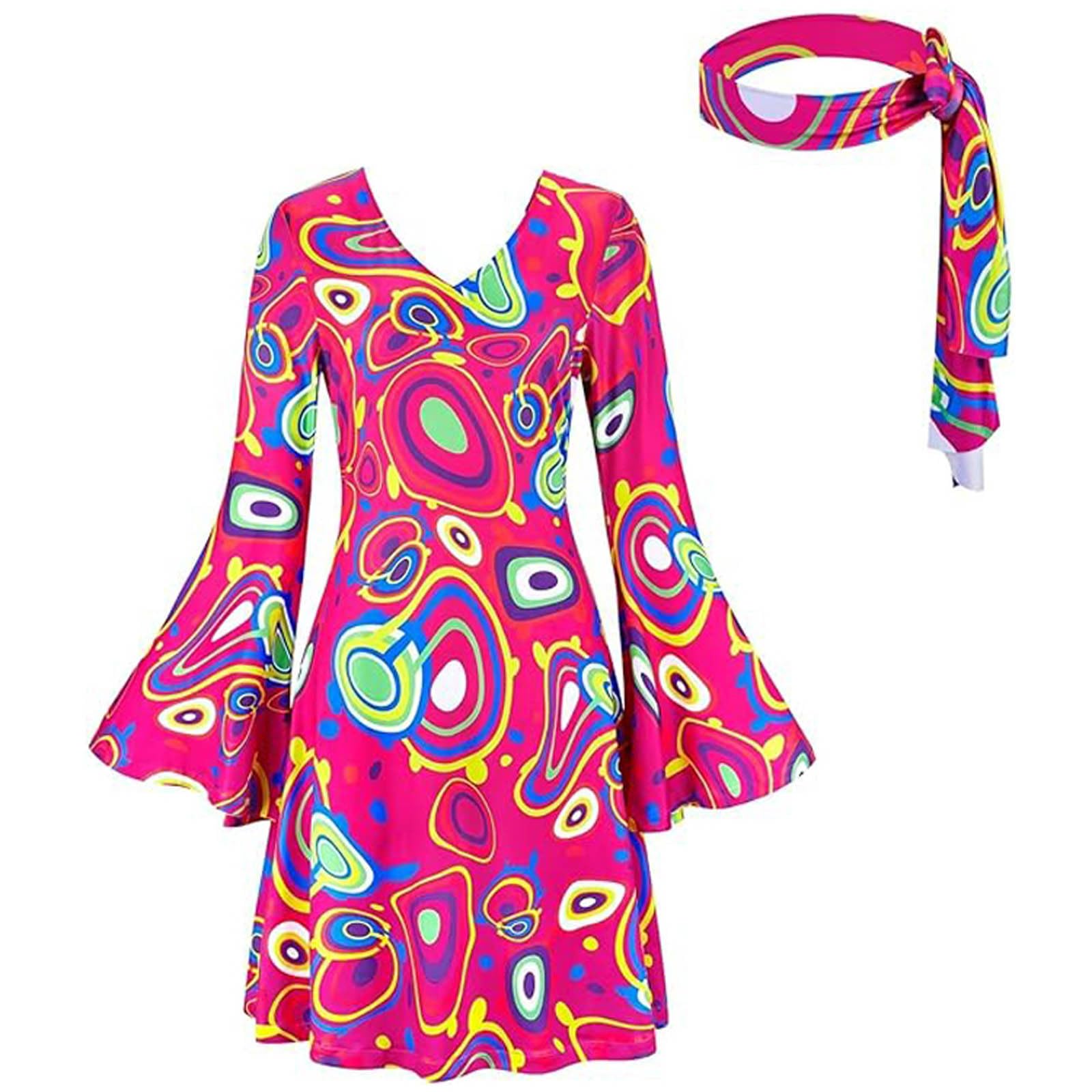 Halloween Costume Women Hippie Dress 70s Retro Psychedelic Print Bell Sleeve Party Dresses Outfit Vintage Fancy Dress Carnival Festival Costume with Headband Accessories for Women Groovy Theme
