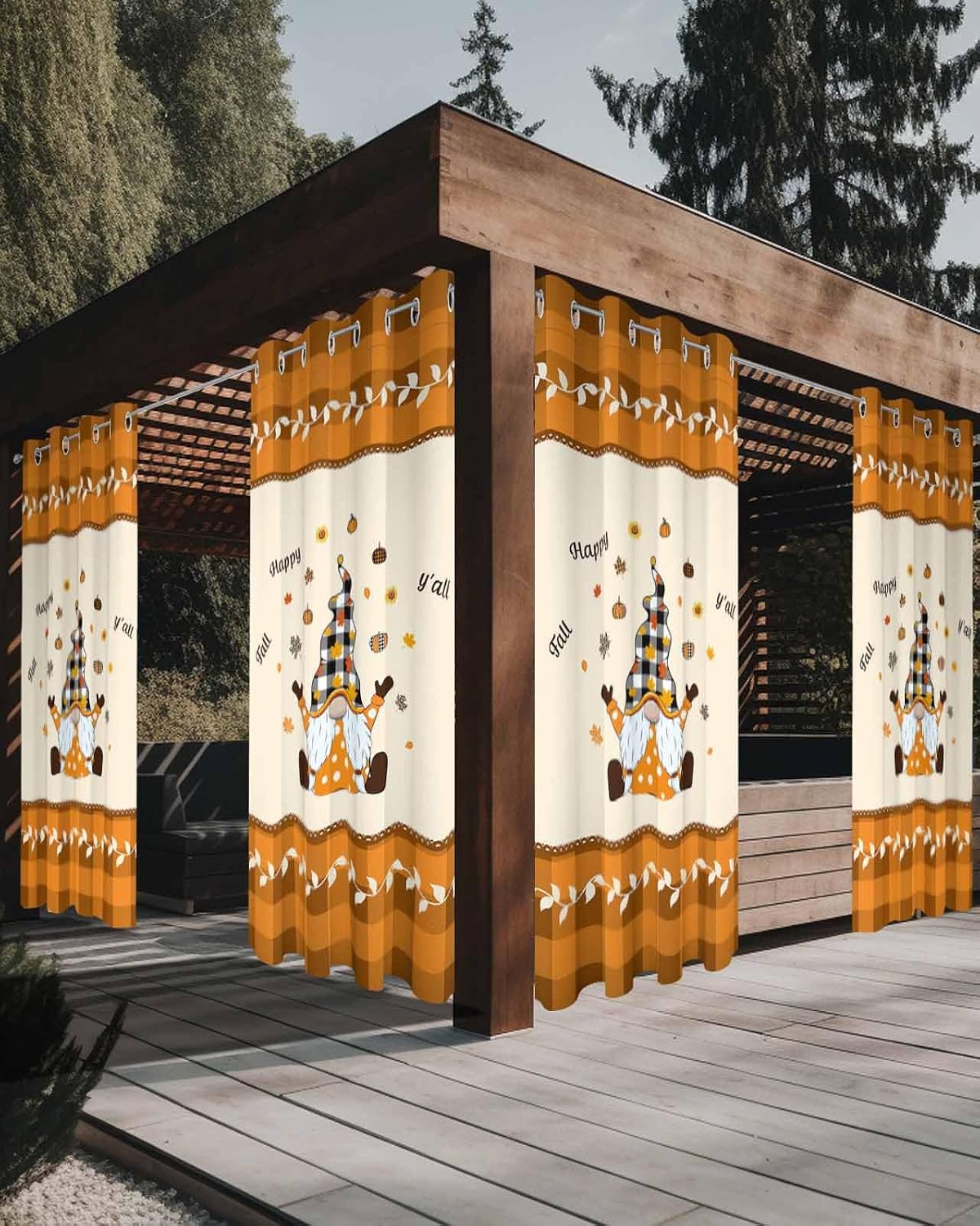 Outdoor Curtain for Patio Waterproof, Fall Element Gnome Orange Plaid Windows Curtains Panels Light Filtering Outside Drapes for Living Room/Pergola/Garden/Balcony 52" W x 84" L x 2
