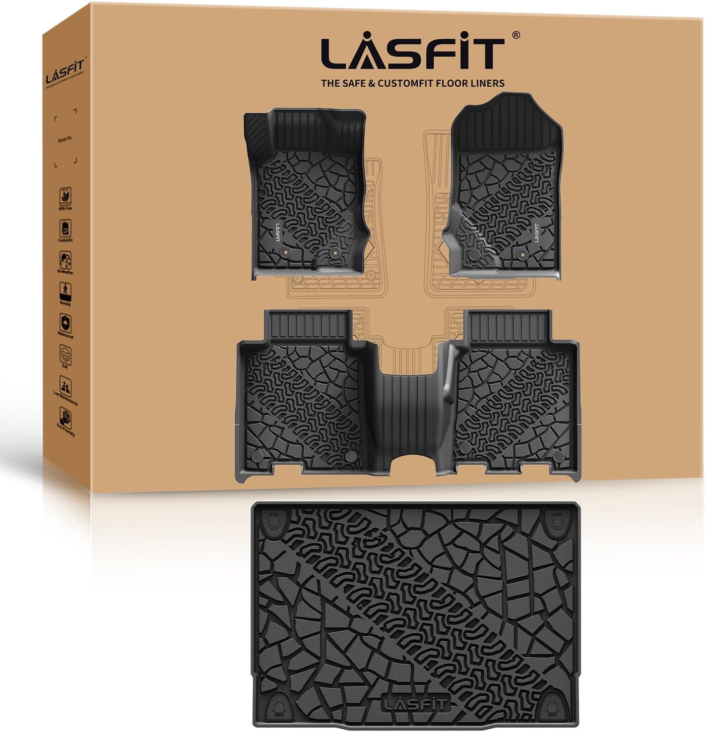 LASFIT Floor Mats Fit for Ford Bronco 4-Door 2021 2022 2023, All Weather TPE Car Mats Custom Fit Floor Liners, 2 Row Floor Mats & Cargo Liner
