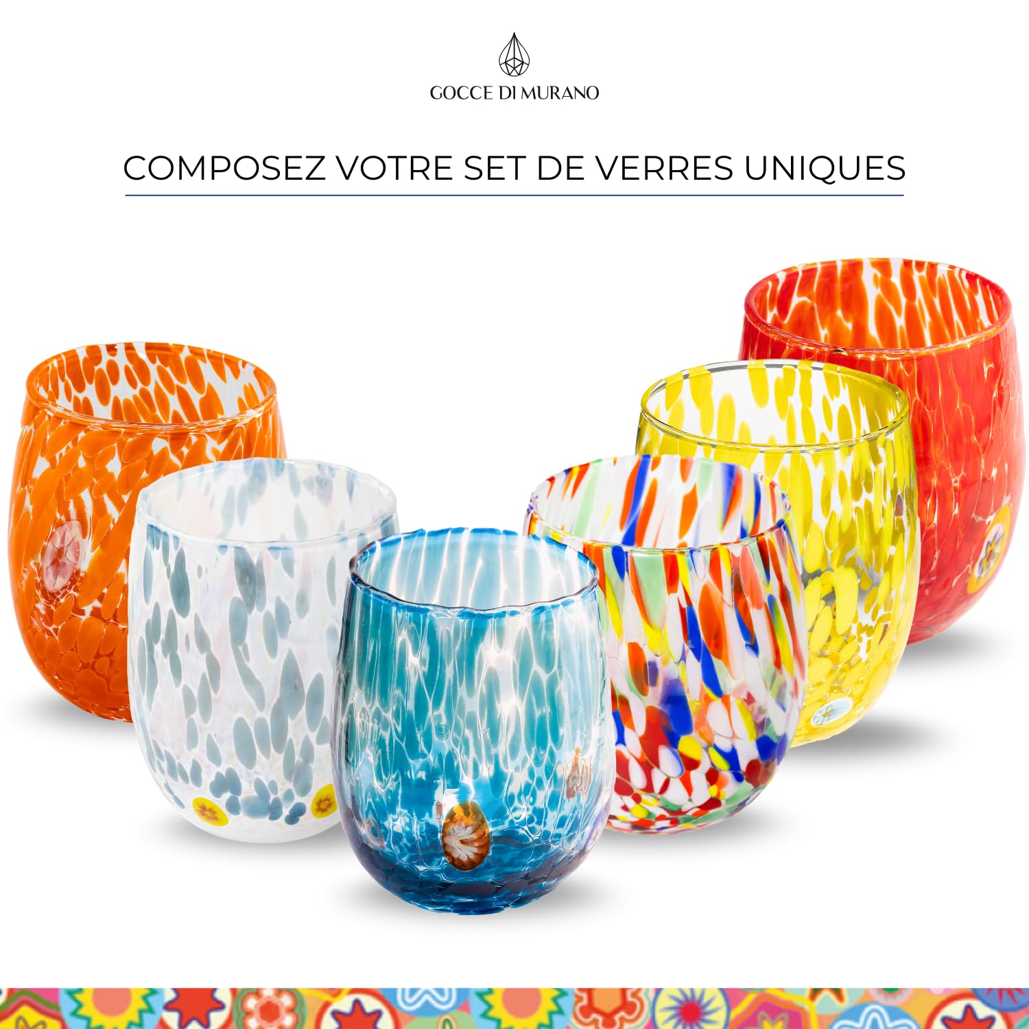 Gocce di Murano Lot de 6 verres à eau travaillés selon la tradition des artisans de Murano, verre soufflé et travaillé à la main, 300 ml - verres à eau, verre arc-en-ciel, pluie