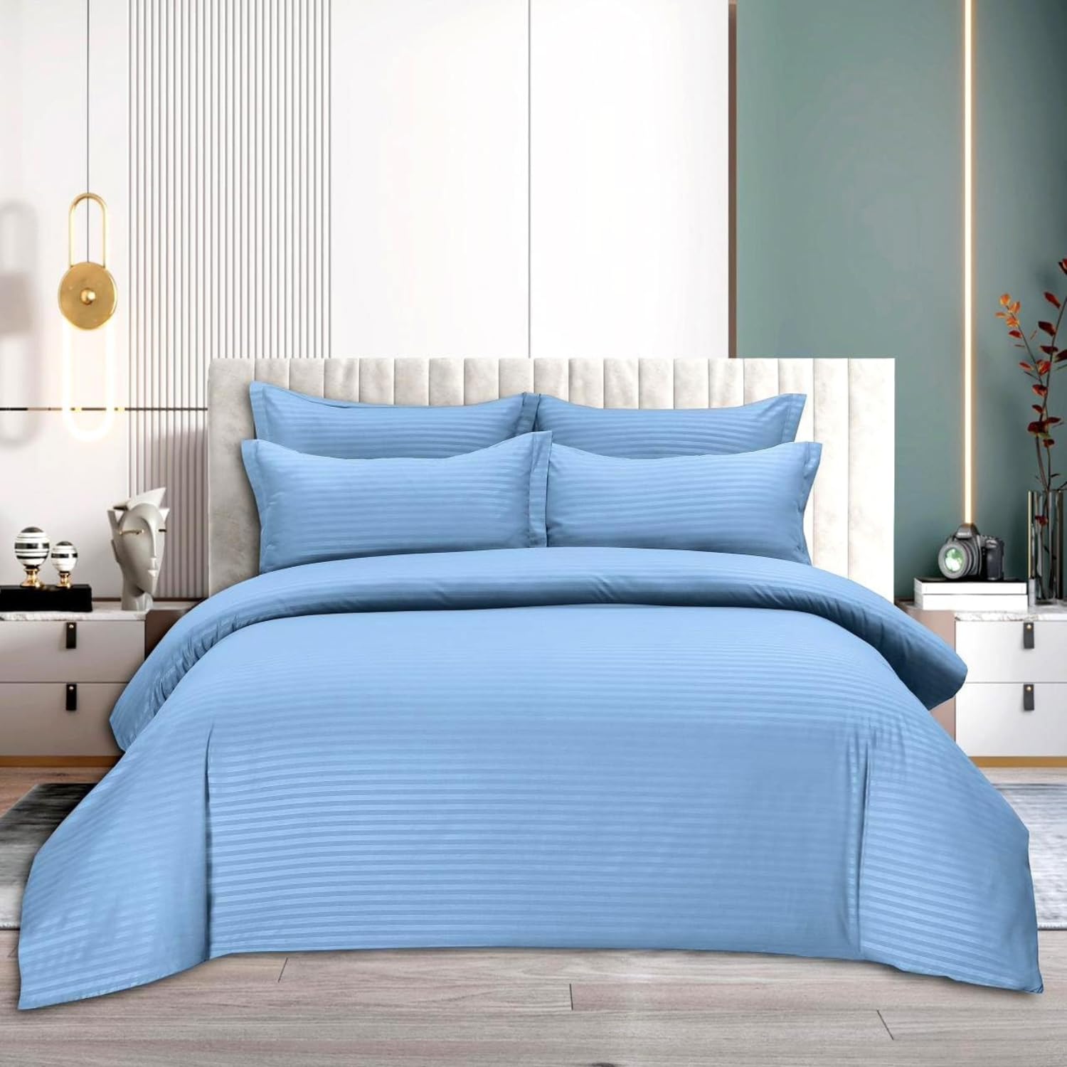 CasaPrime Hotel Stripe King Size Duvet Cover Set – 6 Pieces (220x240cm) | Includes 1 Duvet Cover, 1 Fitted Sheet, 4 Pillowcases
