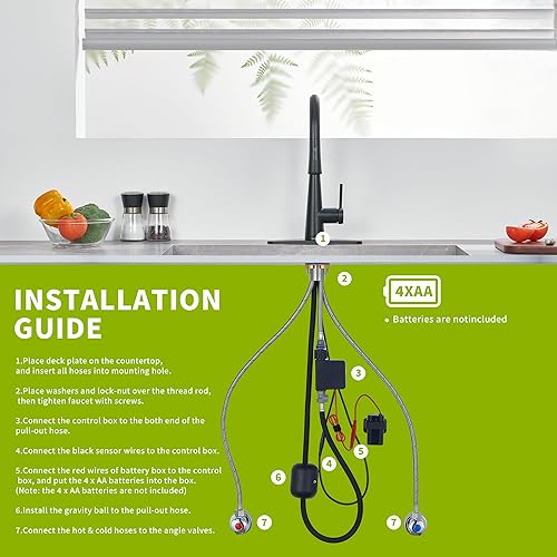 Miniatura 6 de Tohlar Grifo de cocina negro sin contacto con rociador extraíble, grifo de cocina con sensor de acero inoxidable para fregadero de 3 agujeros