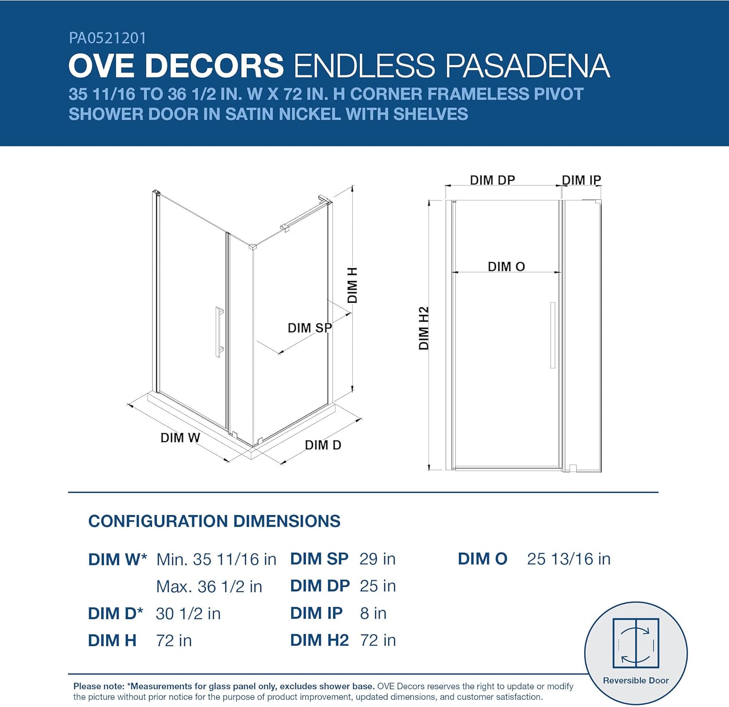 OVE Decors Endless Pasadena Corner Pivot Frameless Shower Door 36" x 29" in Satin Nickel with Shelves PA0521201
